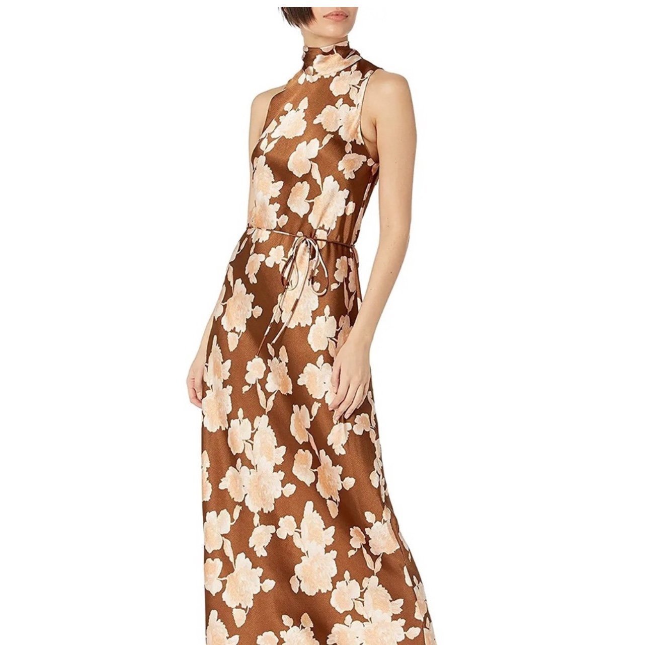 VINCE Women’s Satin Tapestry Brown Floral XS Turtleneck Maxi Dress No waist Tie
