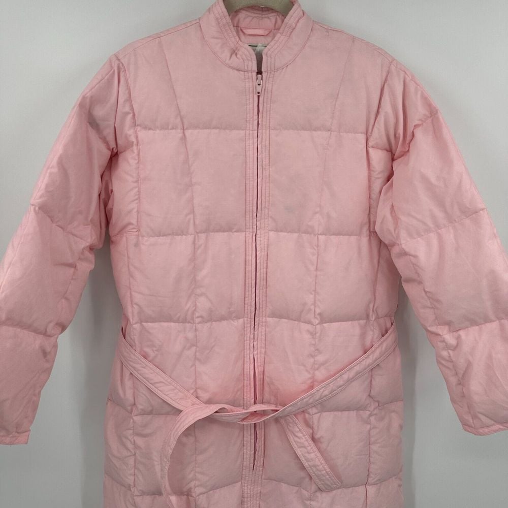 L.L.Bean Puffer Coat Women's M Pink Goose Down Waist Belted Long Sleeve Full Zip