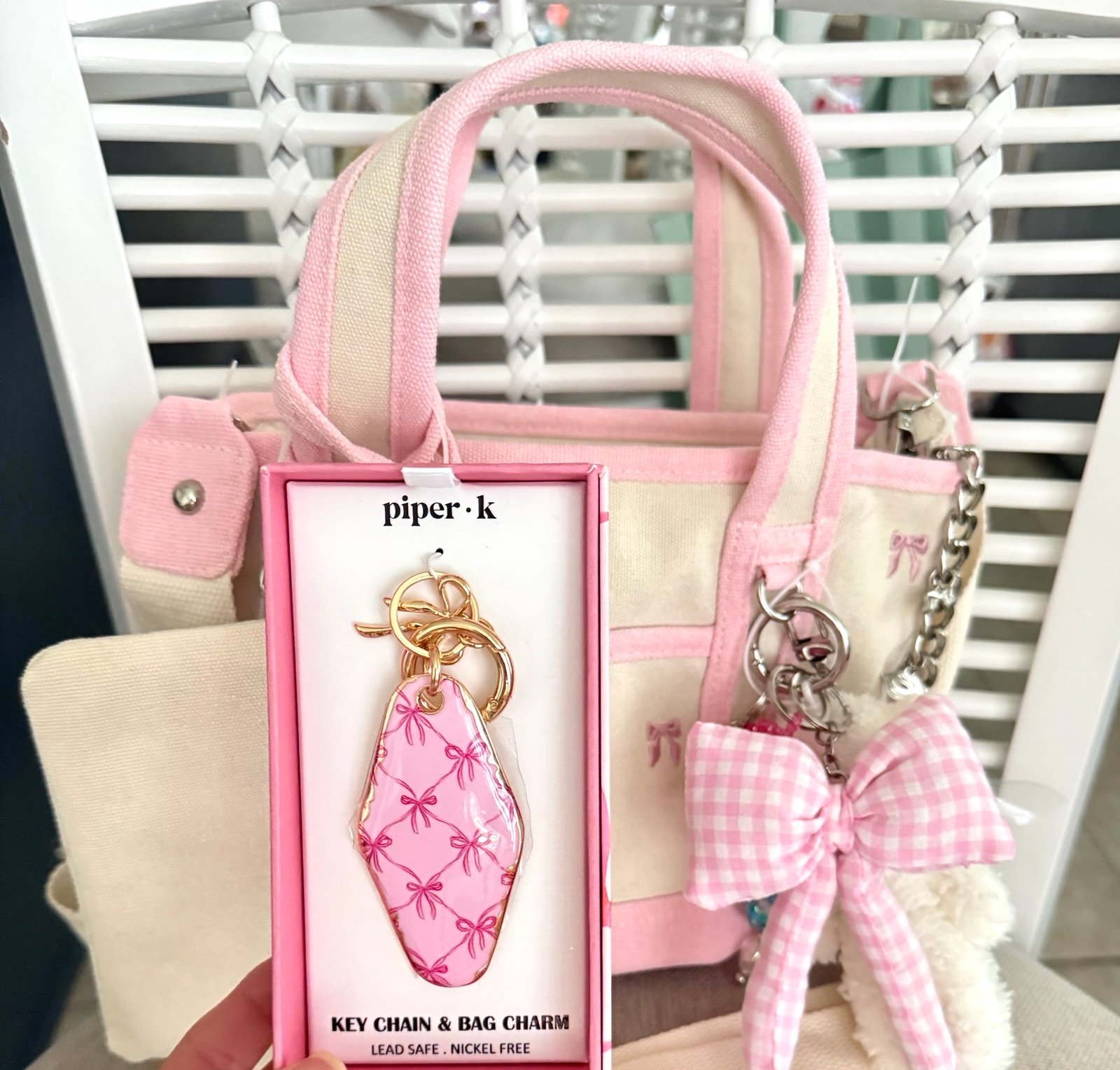 BUNDLE Madden Girl Pink Bow Tote + Piper K Pink Bow Bag Charm Key Chain NEW