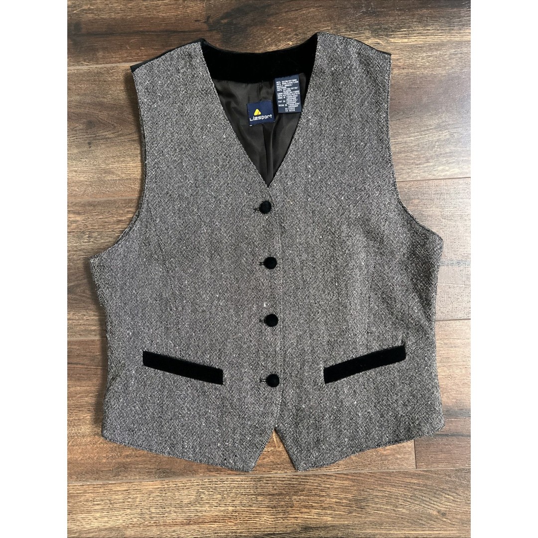 LizSport Vintage 90s Wool Velvet Size 8 Vest Menswear Black Gray Classic Minimal