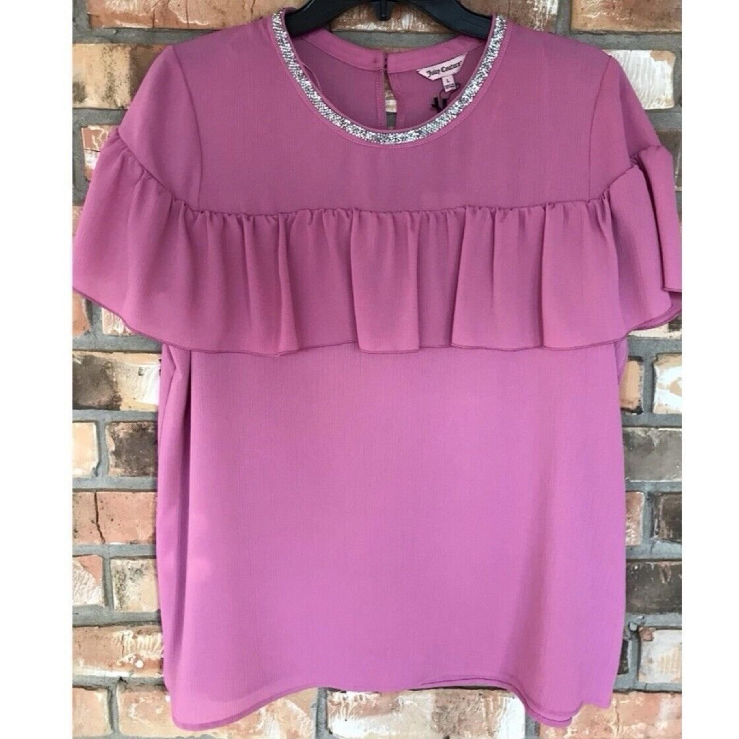 Juicy Couture Women’s Ruffled Layered Crepe Embellished Neckline Blouse Large