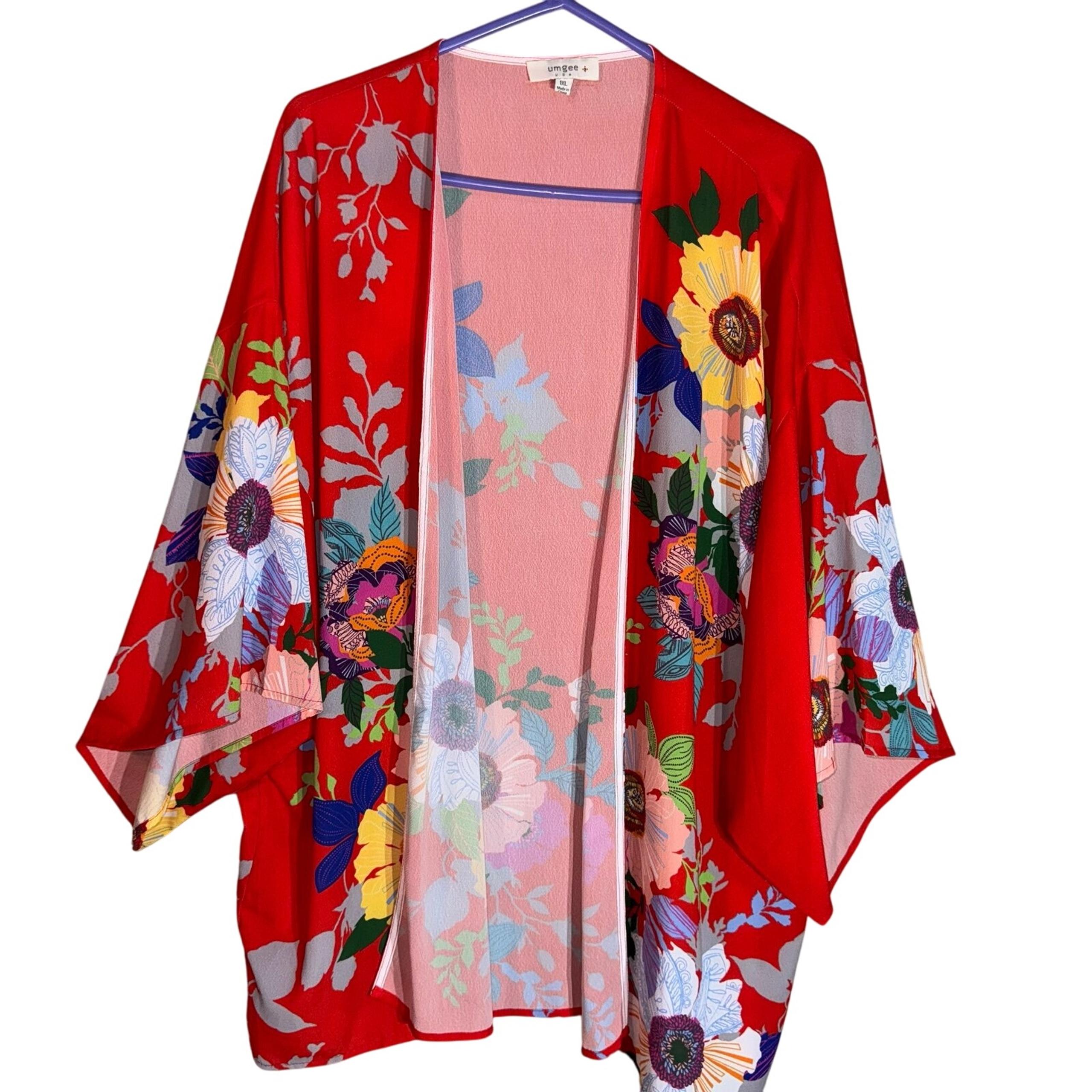 Boho Indie Festival Hippie Flowy Sheer Kimono Red Floral Drape Layer 1XL Beachy