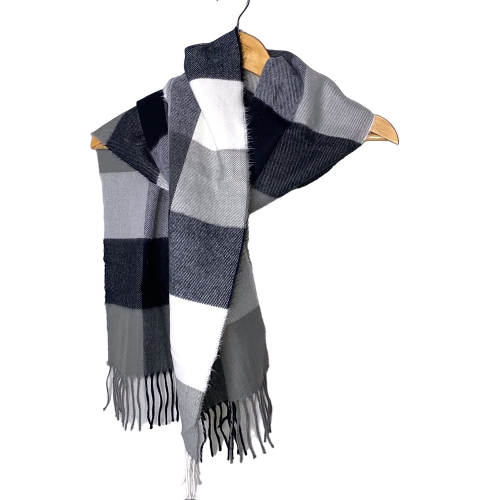 100% Cashmere Buffalo Plaid Hand Tailored Long Fringe Scarf ~