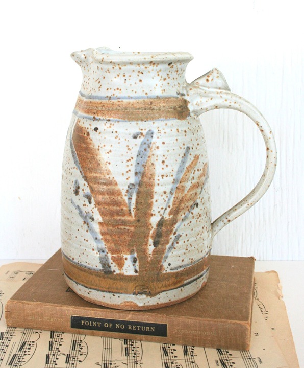 Vintage studio pottery pitcher water jug stoneware hand painted rustic signed