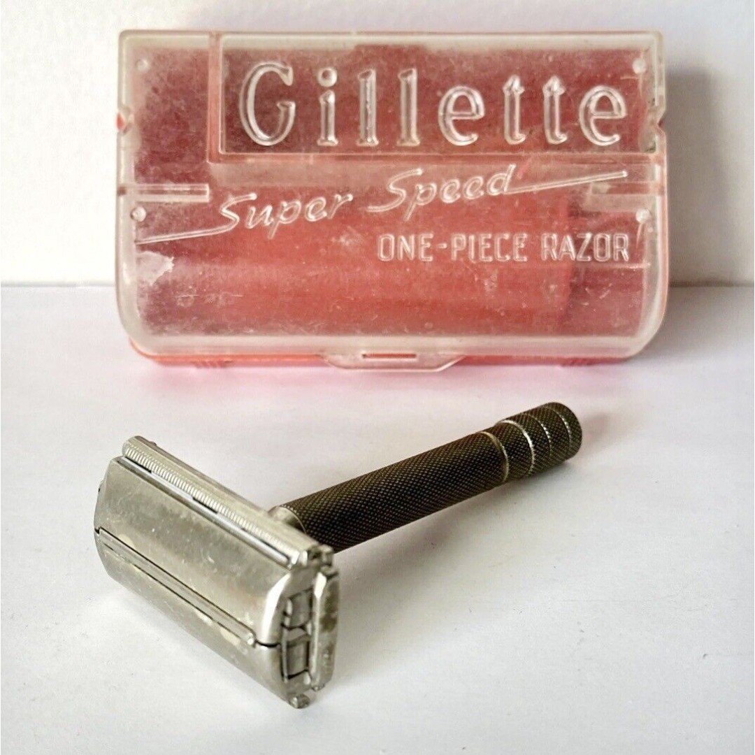 Gillette Super Speed Vtg One-piece Razor Mens Red Plastic Case 1950s