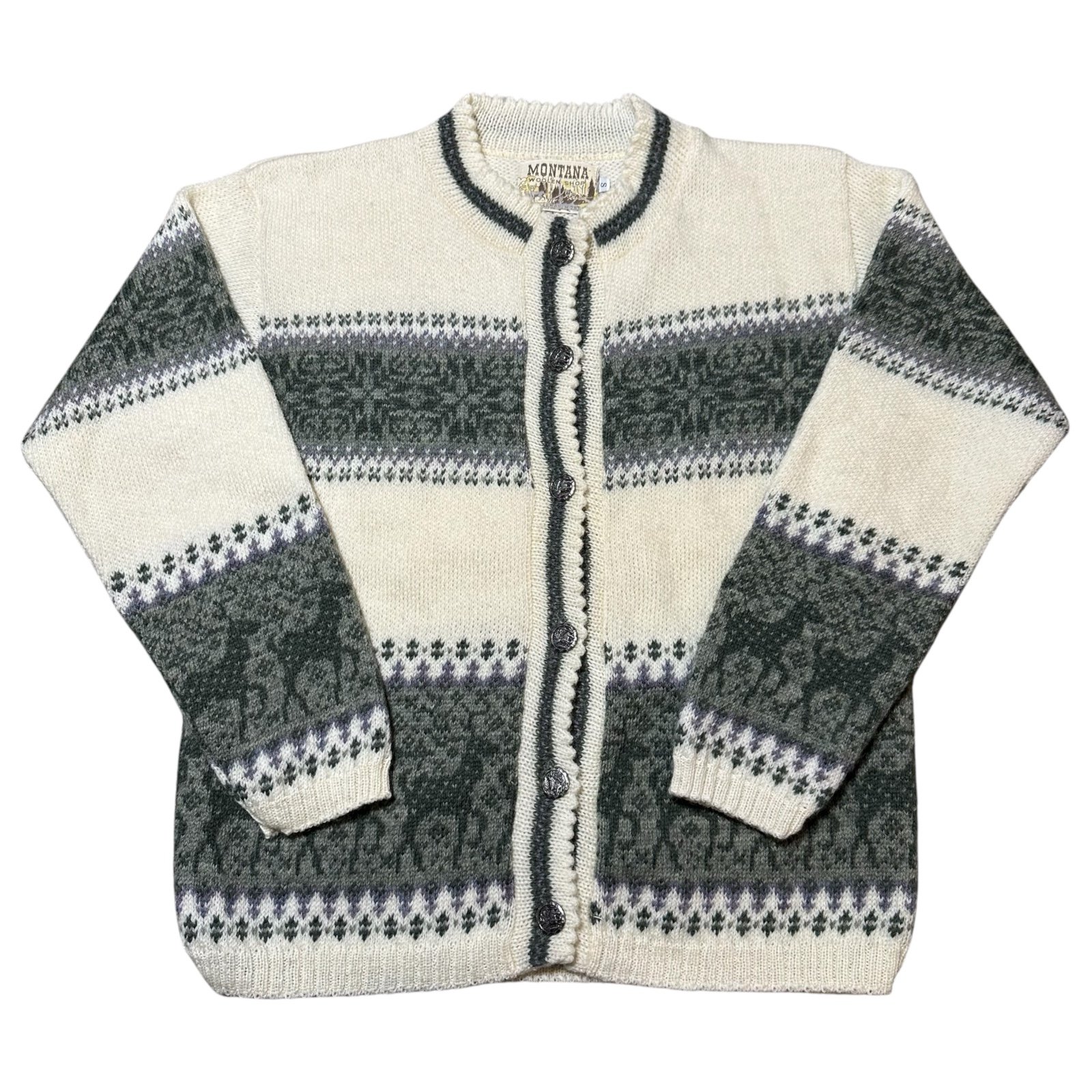 Vintage Montana Woolen Shop Green and Cream Wool Deer Pattern Button Up Cardigan