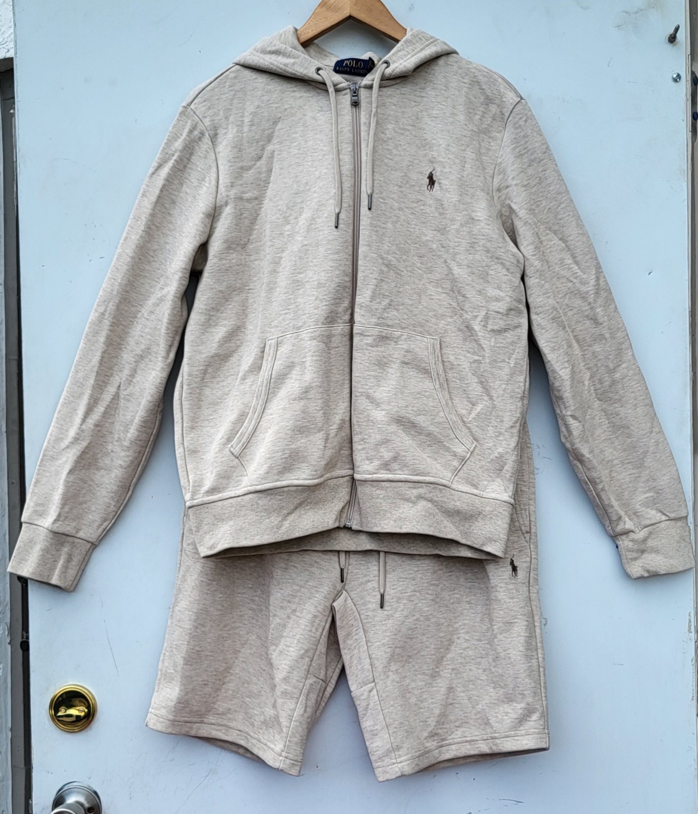 Men's Polo Ralph Lauren Double Knit Full Zip Hoodie & Shorts (Beige) - Size: Med
