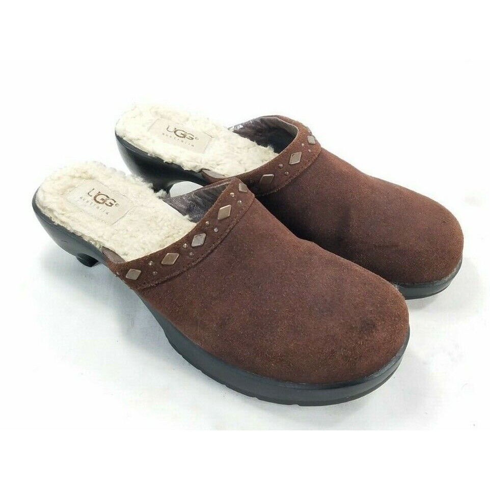 UGG Shoes Wmn Sz 8 Suede Clog Dk Brown Mule Slip On Heel Copper Studs Fiona 5546