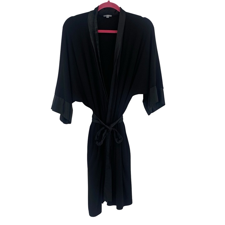 PJ Harlow BLACK Shala Knit Robe With Pockets Satin Trim Size XS/S Supima Cotton