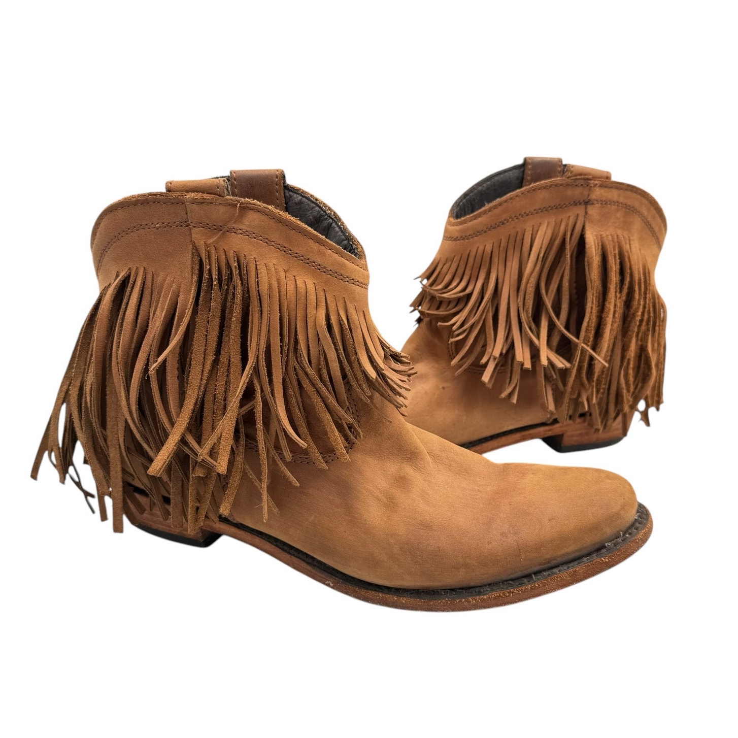 Liberty Black Vegas Faggio Brown Leather Fringe Pull On Western Booties Boots
