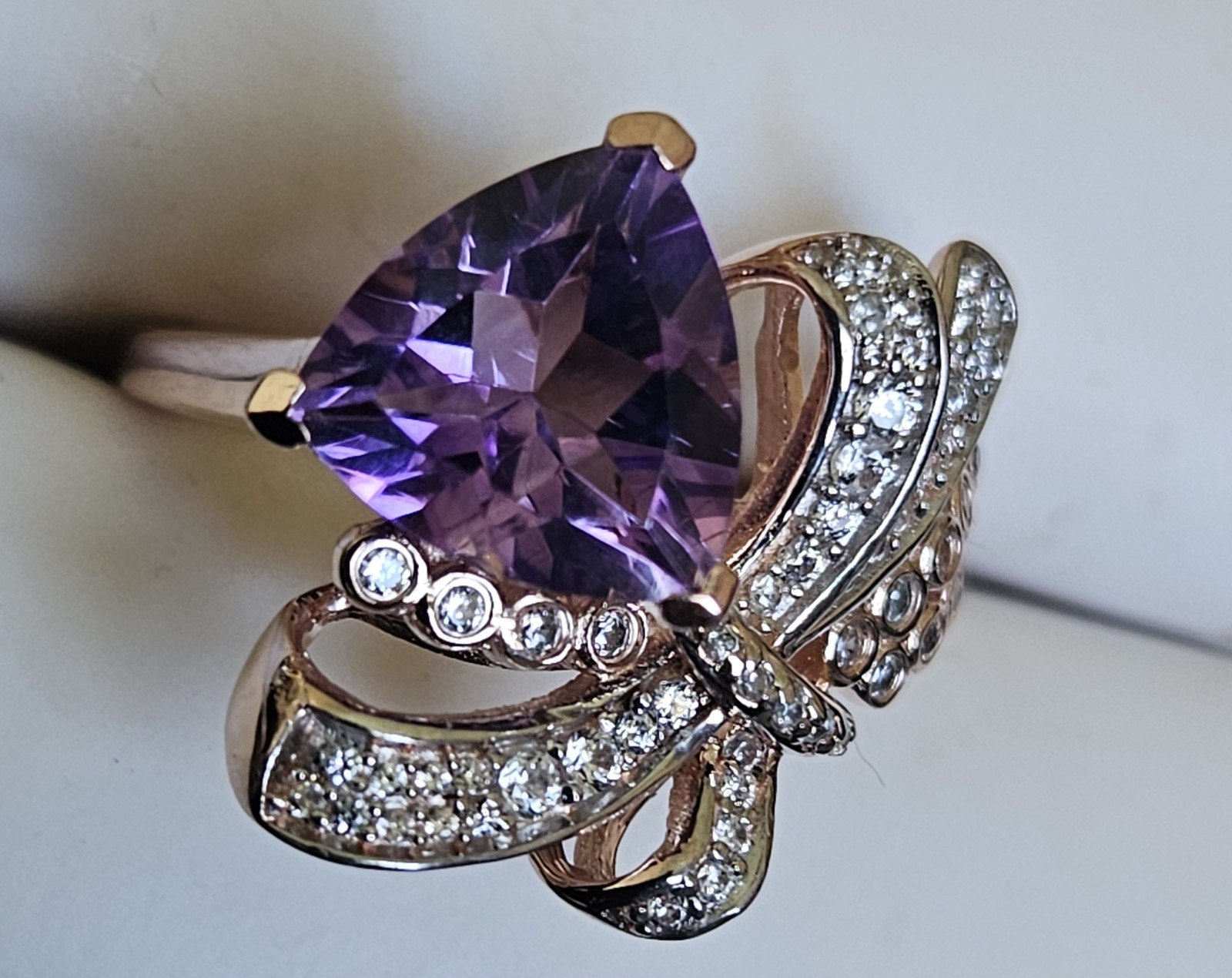 Moroccan Rose, White Zircon Love Bow Ring in Rose Gold Over Sterling Silver