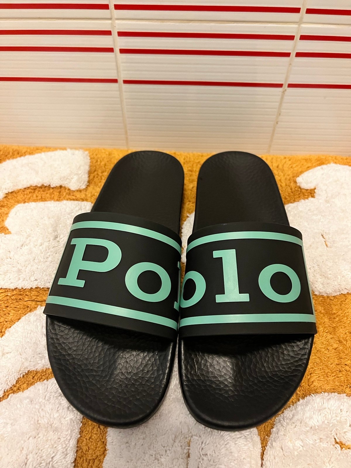 New Polo Ralph Lauren Cayson Logo Slide Black/Tiffany Sandals Men's Size 13