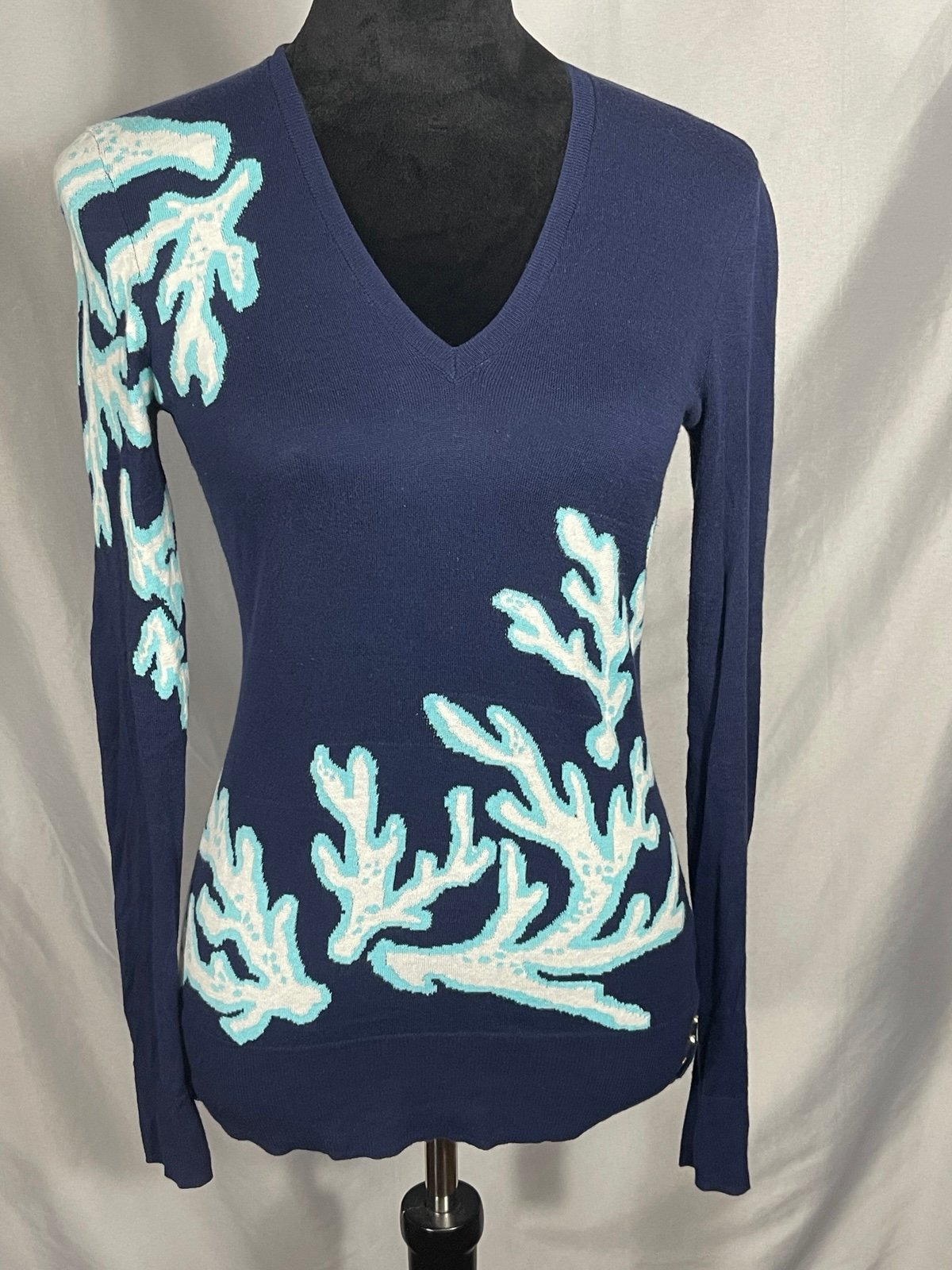Lilly Pulitzer Women’s Navy Blue Aqua Seaweed V Neck Pullover Sweater Size XS