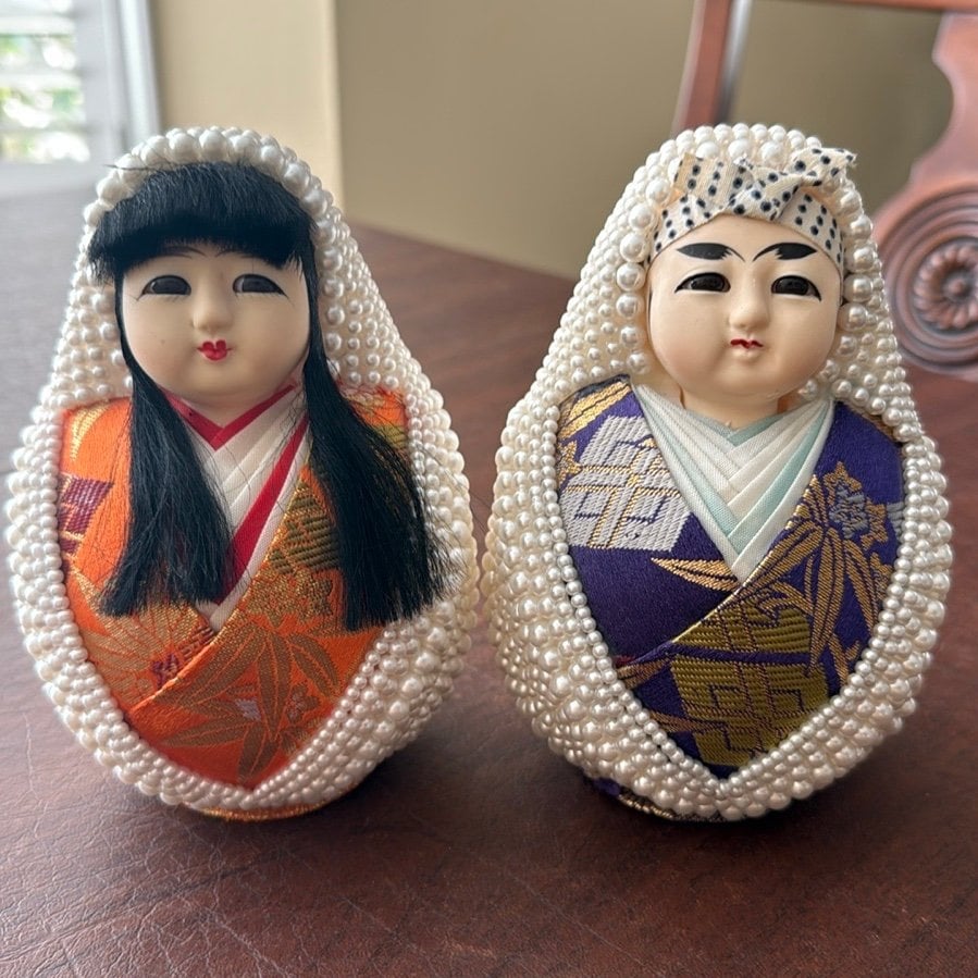 Traditional Hime-Daruma Dolls Pair Of Bride & Groom Adorned With Faux Pearls;6”T