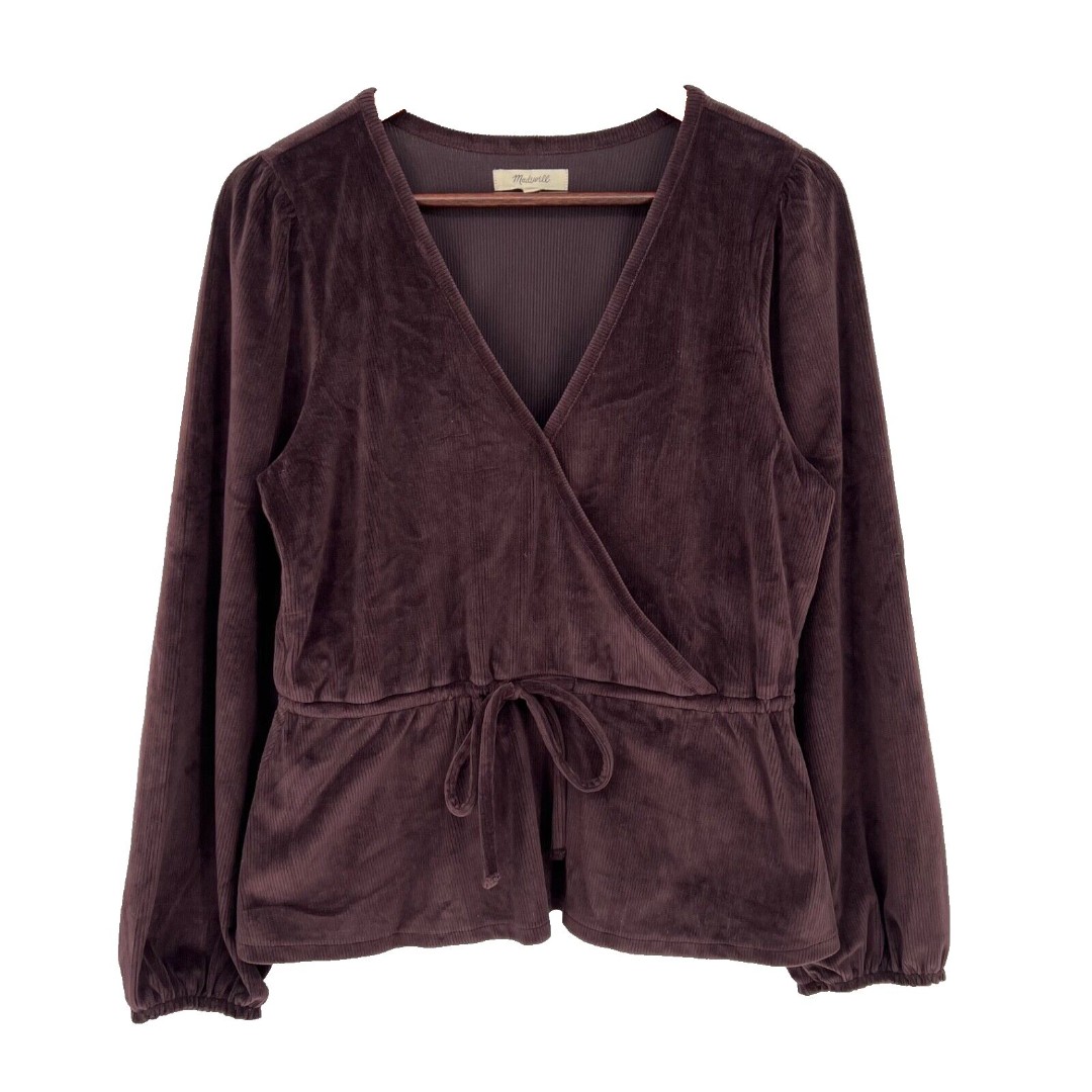 Madewell Womens Faux Wrap Velvet Blouse Top V Neck Tie Brown L Style #NI086 2022