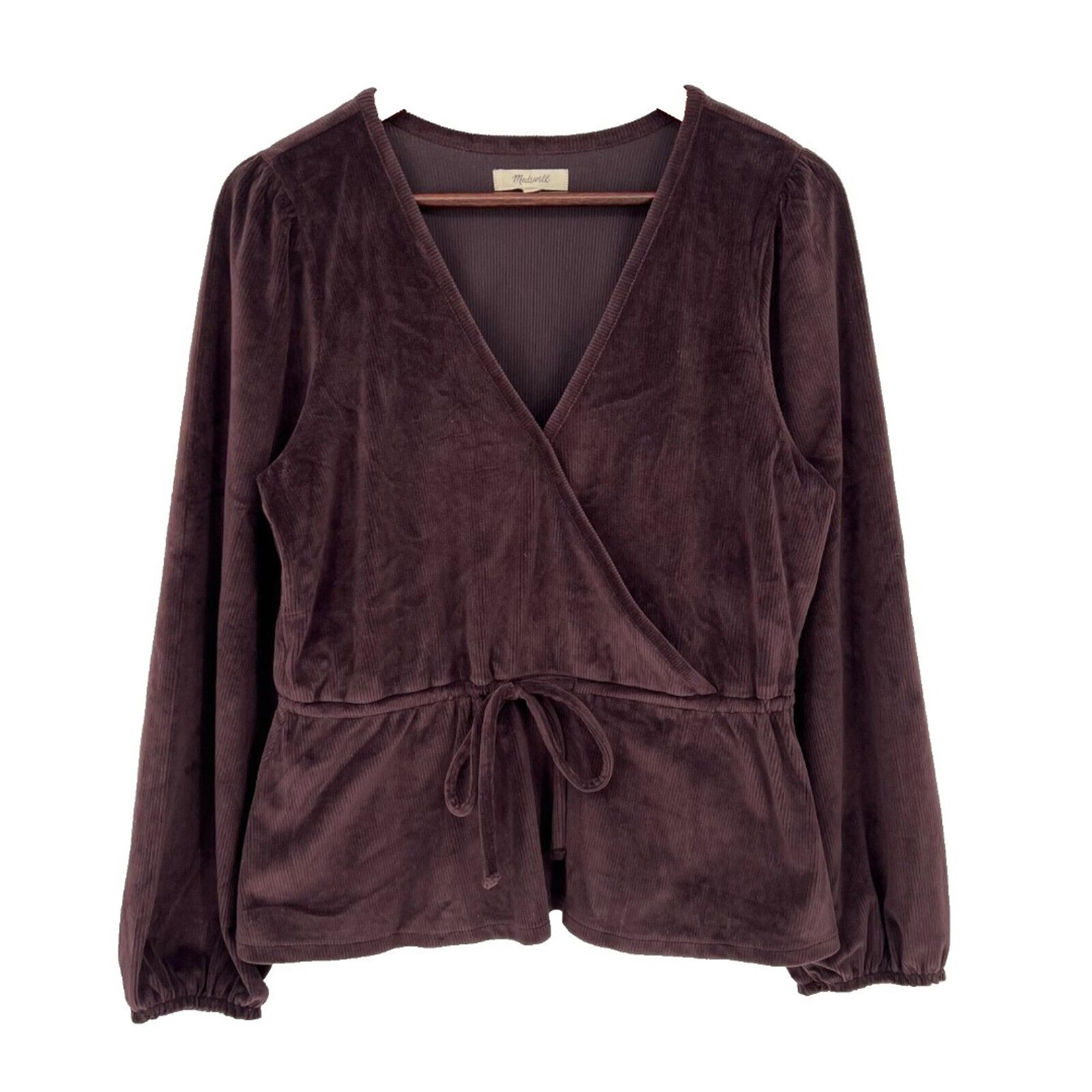 Madewell Womens Faux Wrap Velvet Blouse Top V Neck Tie Brown L Style #NI086 2022