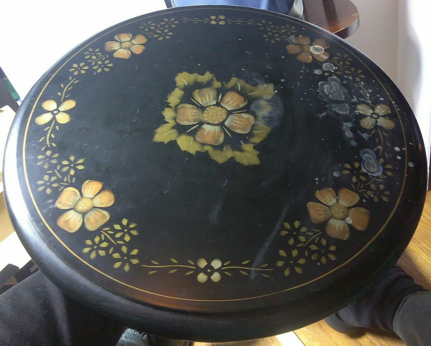 Antique Black Gold Floral Hand painted Victorian Tea Table Pedestal 30xx