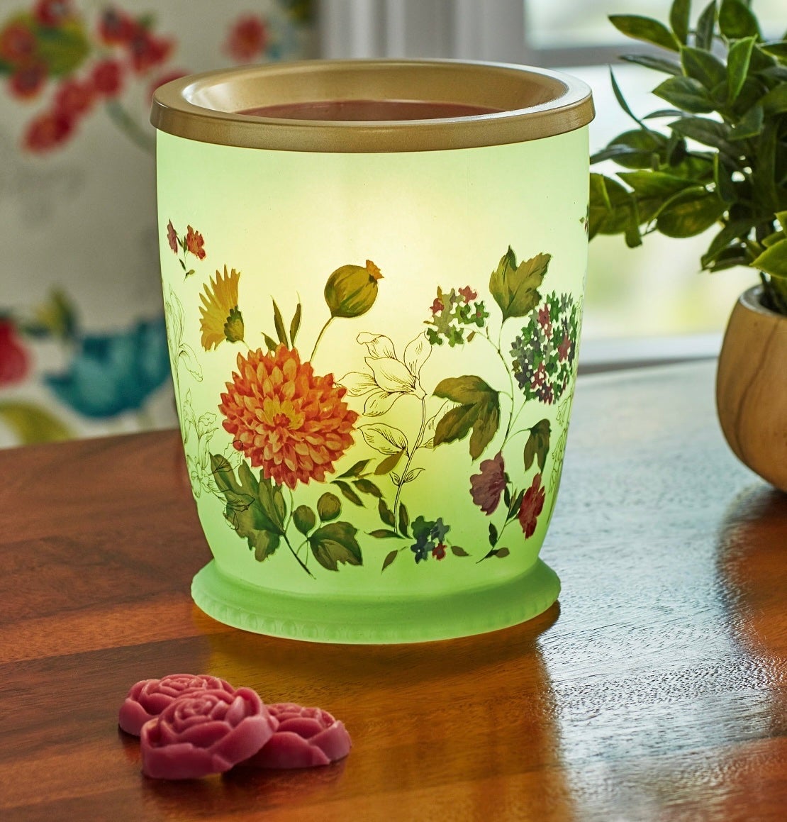 The Pioneer Woman Blooming Bouquet Fragrance Wax Warmer Frosted Green Glass NEW