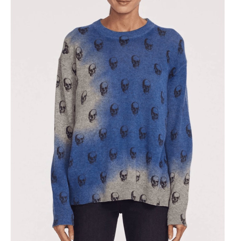 360 Cashmere Womens Sweater Trisha Skull Print Long Sleeve Crewneck Blue Gray XS