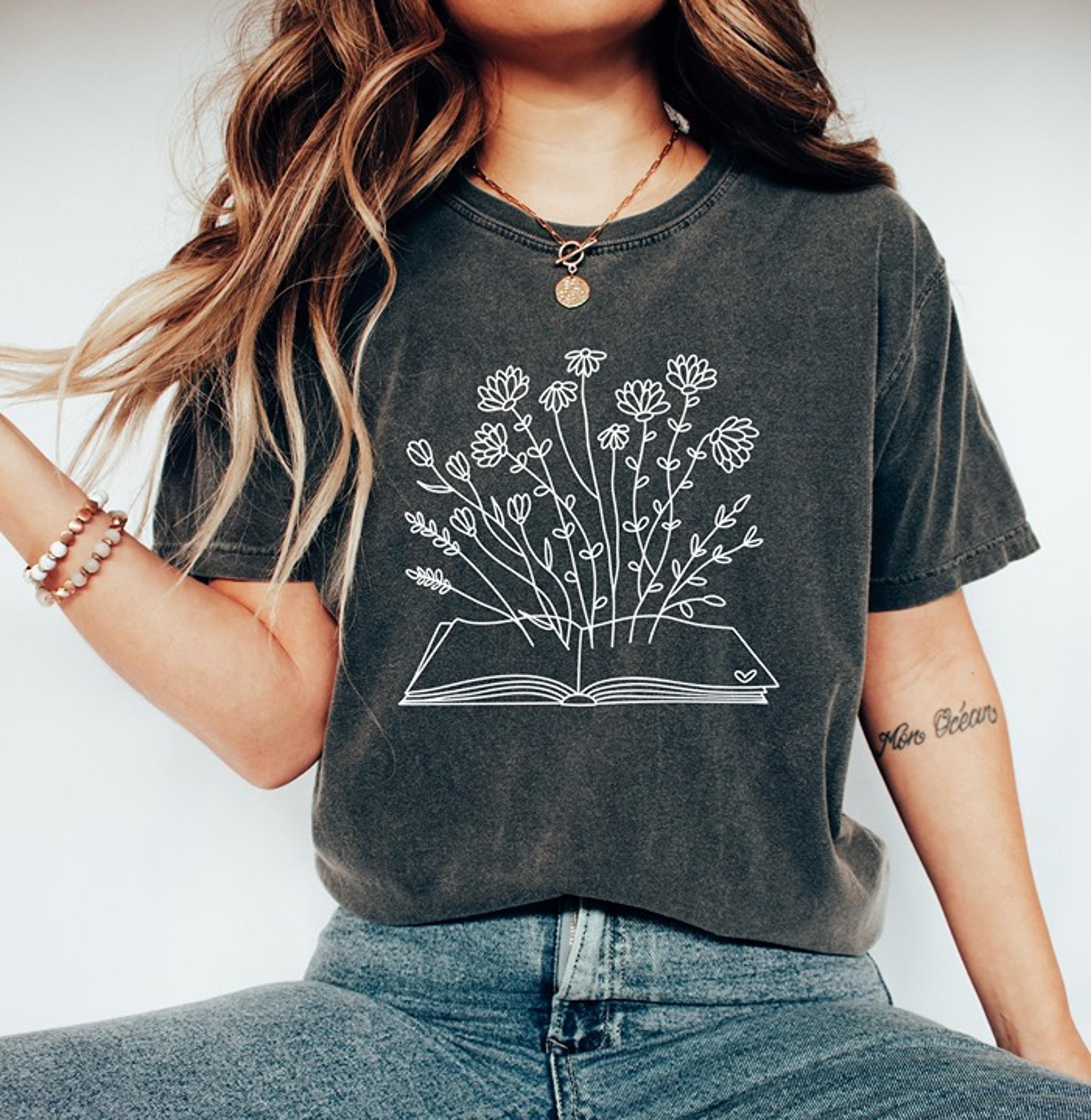 Book with Wildflowers T-Shirt, Wildflowers Tee, Flowers Books Women Shirt, Cute