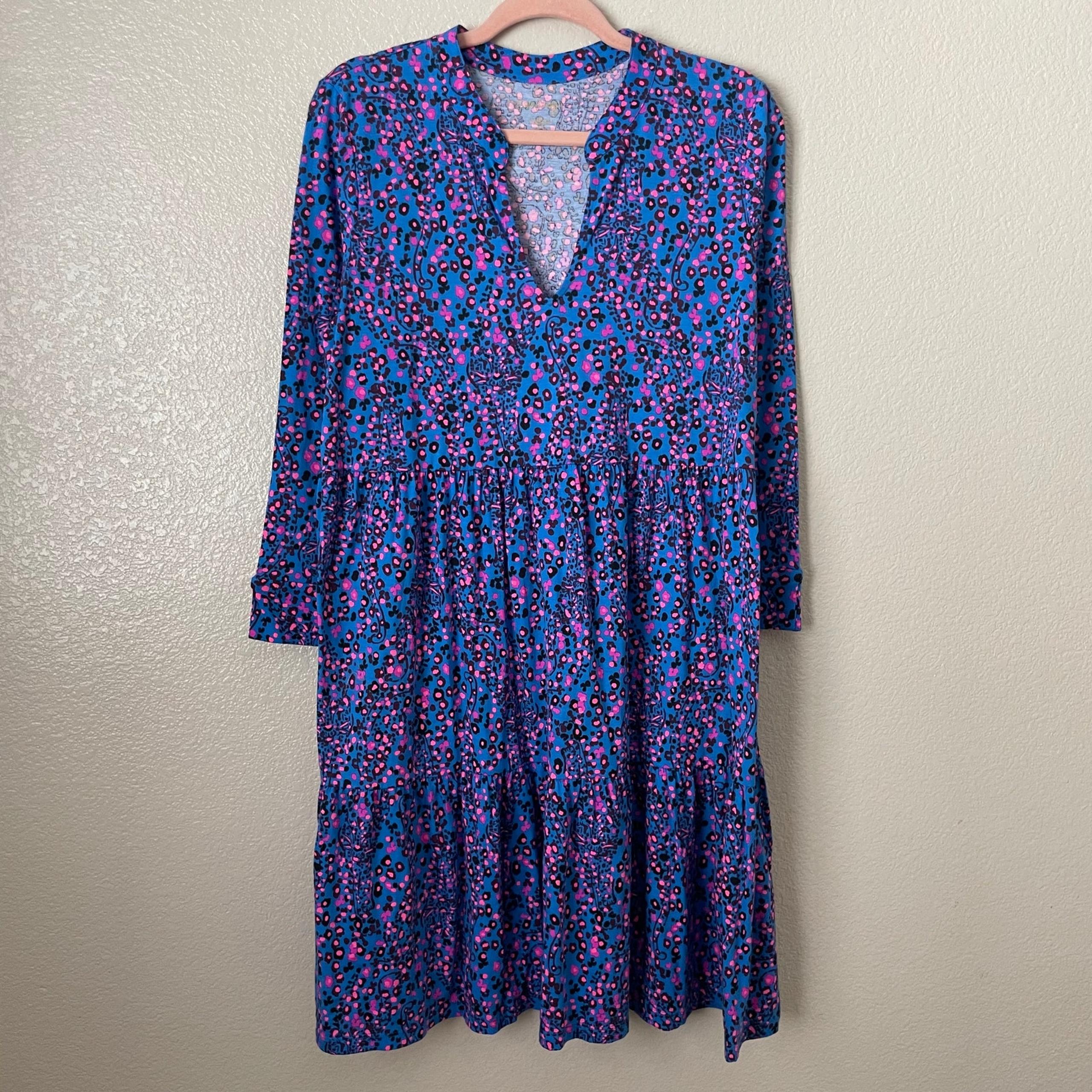 Lilly Pulitzer Dress Womens Large Blue Pink Alaina Animal Print Mini Jersey Knit