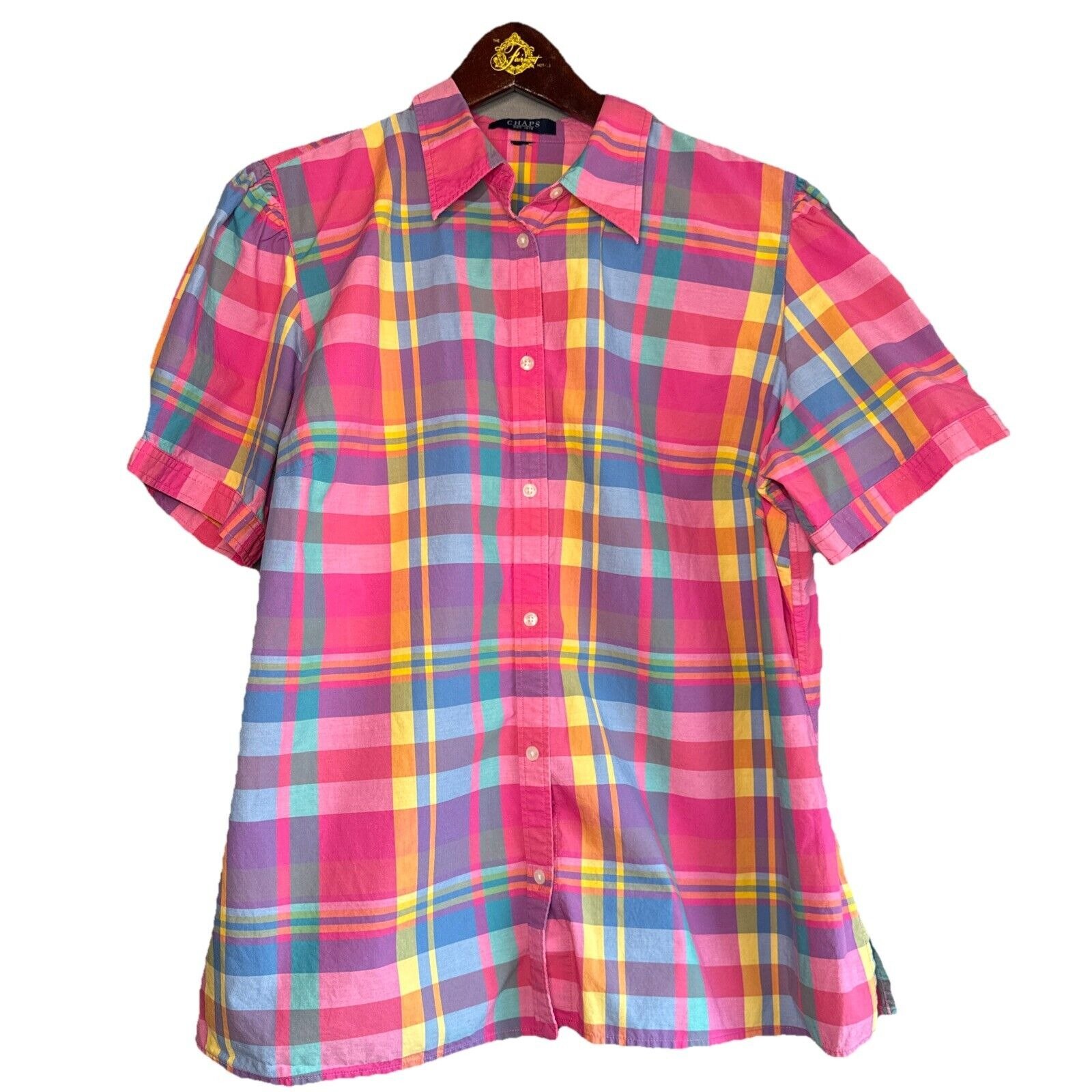 Chaps Est. 1978 Polo Rainbow Plaid Button Down Shirt Women's Size L-XL RARE
