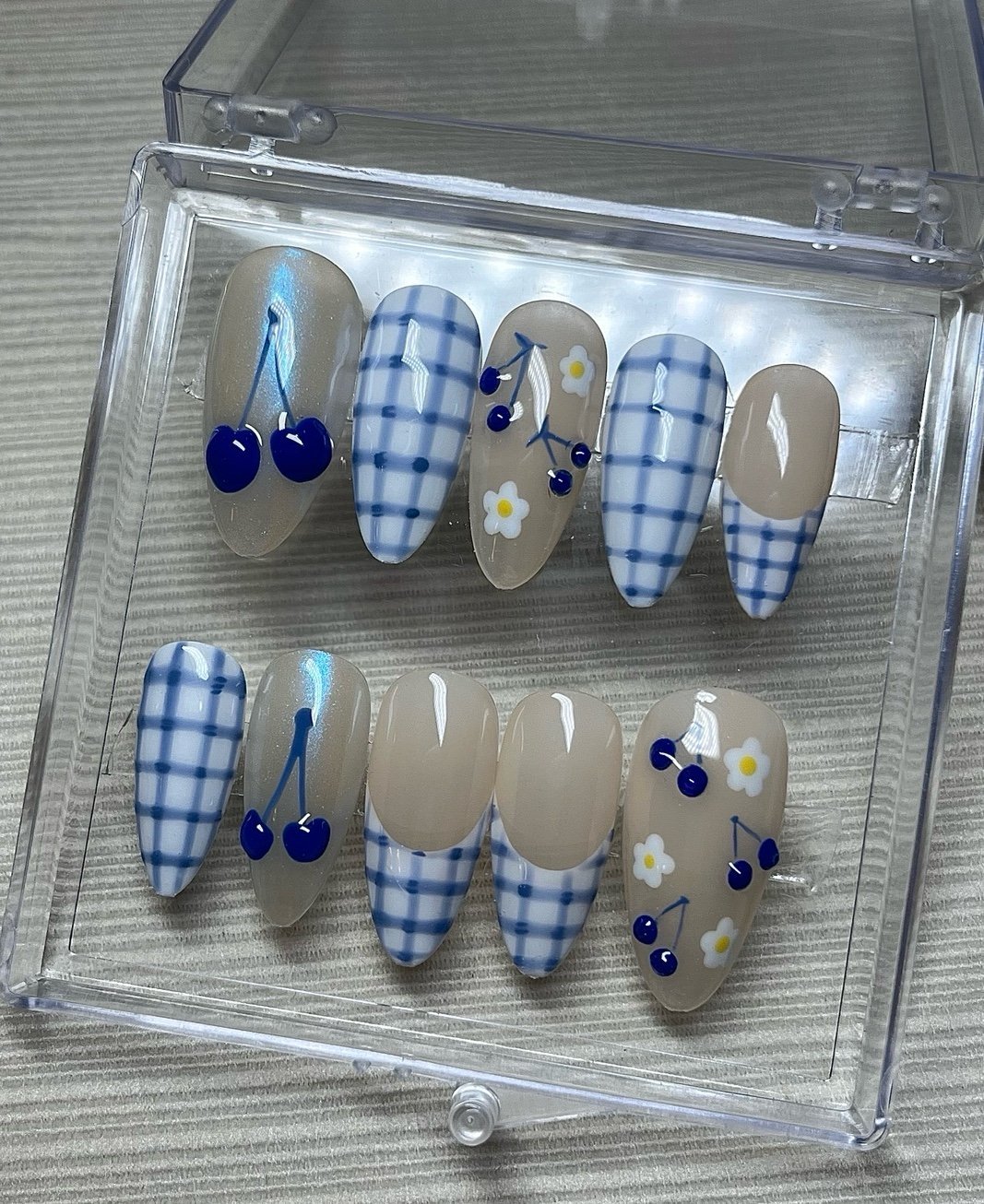 Blue Maraschino Cherry gingham press on nails