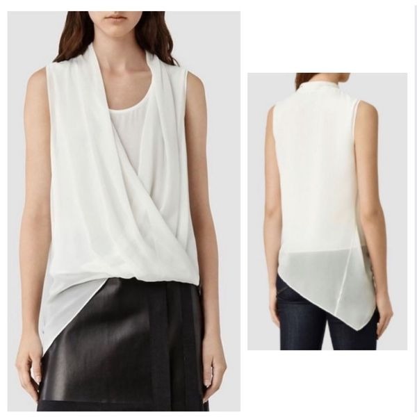 All Saints Silk Top Draped Side Sz Small 2 White Abi Layered Wrap Effect