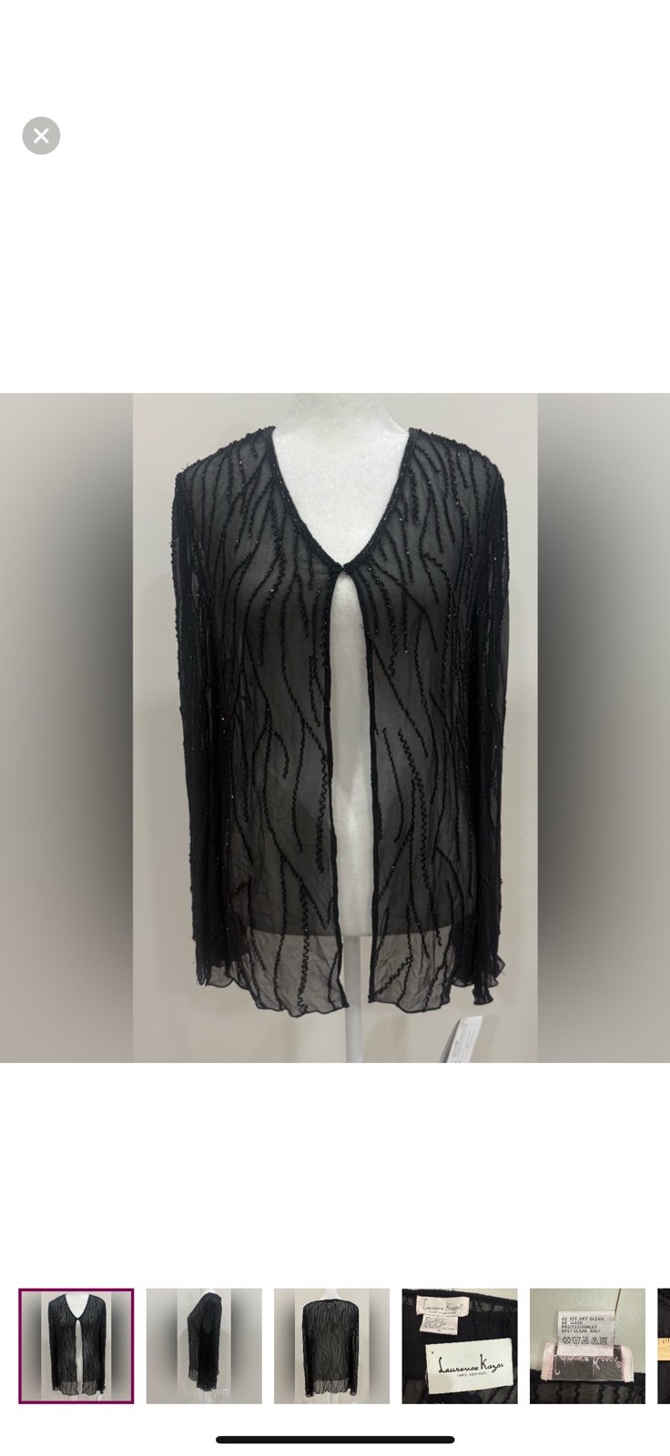 NWT Laurence Kazar Women’s Black 100% Silk Beaded Open Front Cardigan Size 10