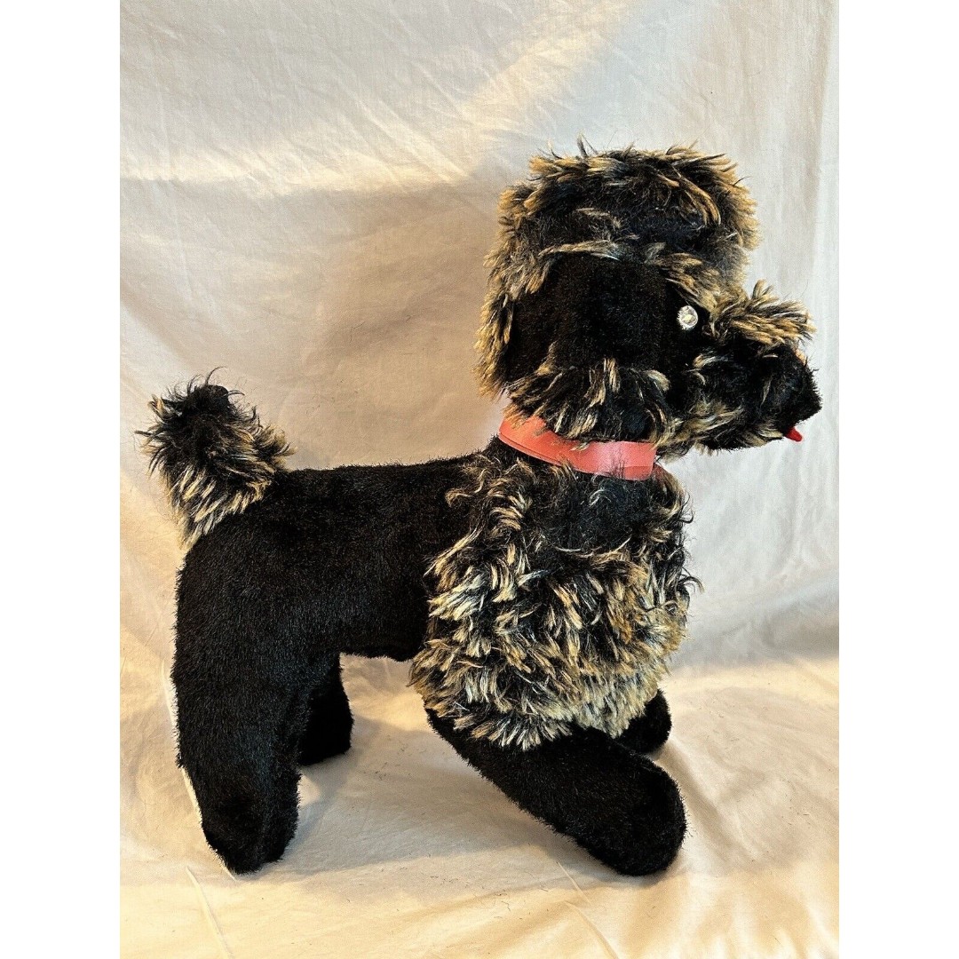 RARE 1950s VTG POODLE Black Frosted Fur Jewel Eyes Carnival Prize Plush Stuffed
