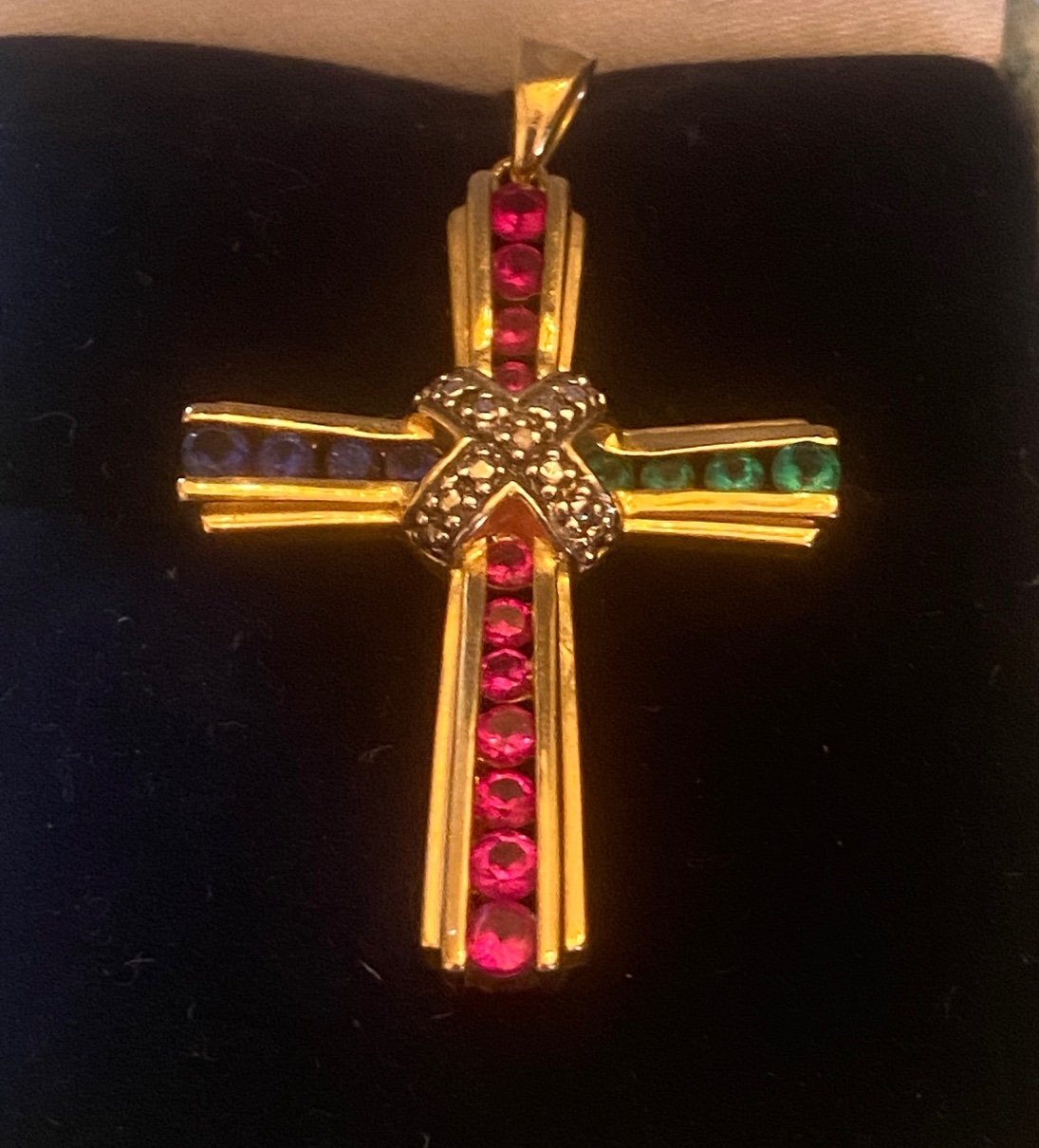 925 Sterling Silver Gold Plated Cross Sapphire Emerald Ruby Pendant