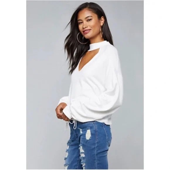 Bebe White Nora Tie Sleeve Sweater Top