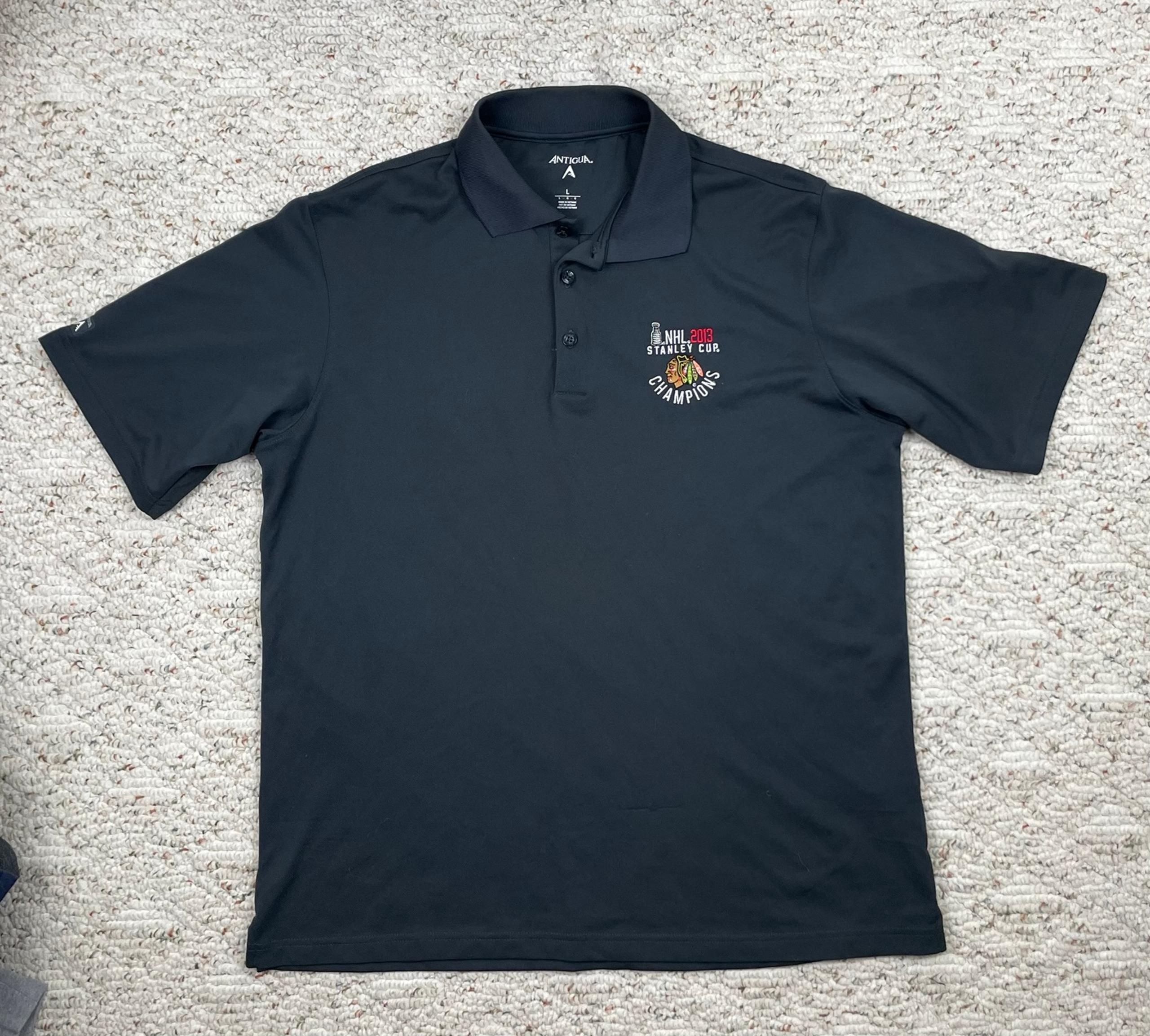 Sz Lg Mens Antigua Chicago Blackhawks 2013 Stanley Cup Champions Polo Shirt Grey