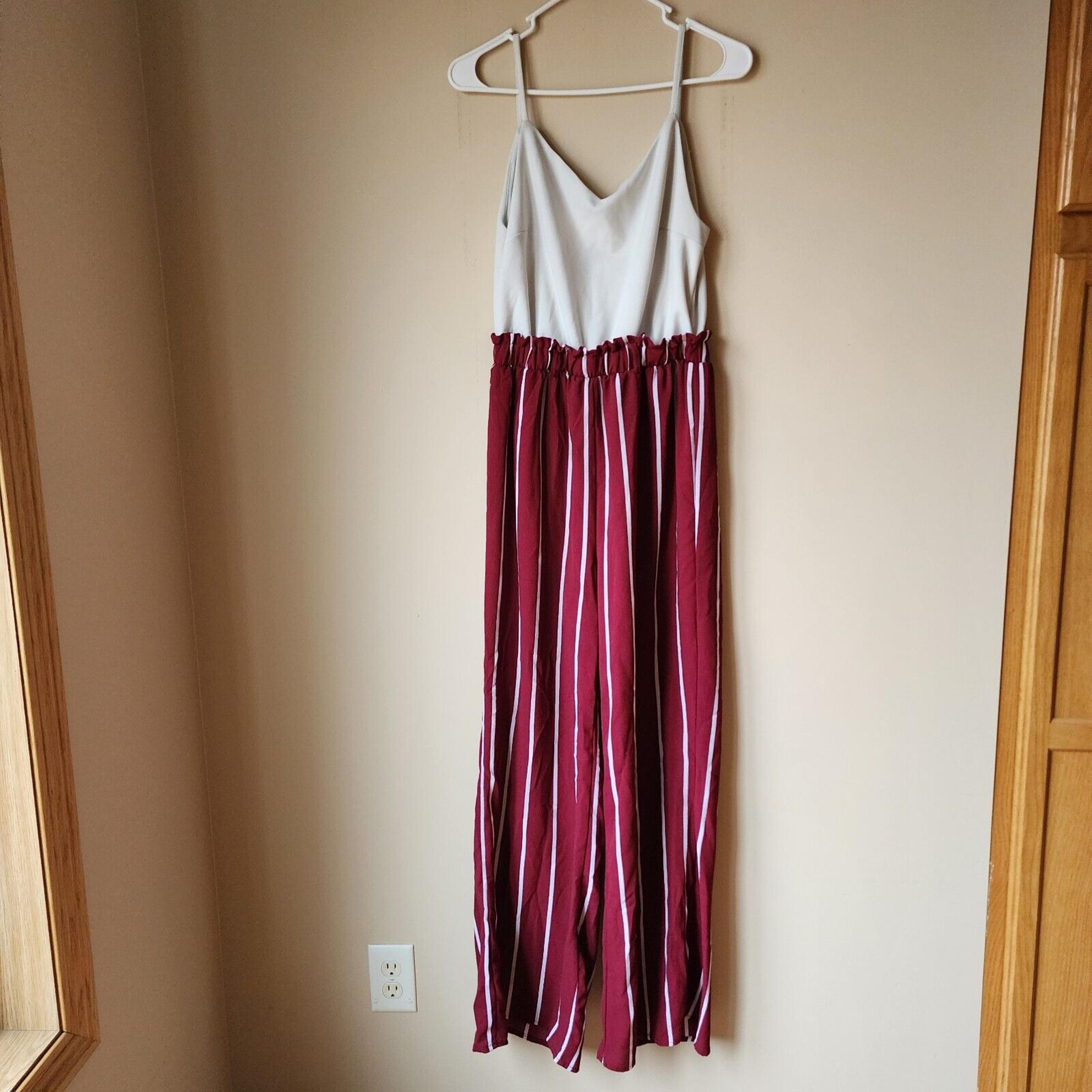 Blue Rain Womens Large White Maroon Striped Sleeveless Jumpsuit Preppy Wide Leg