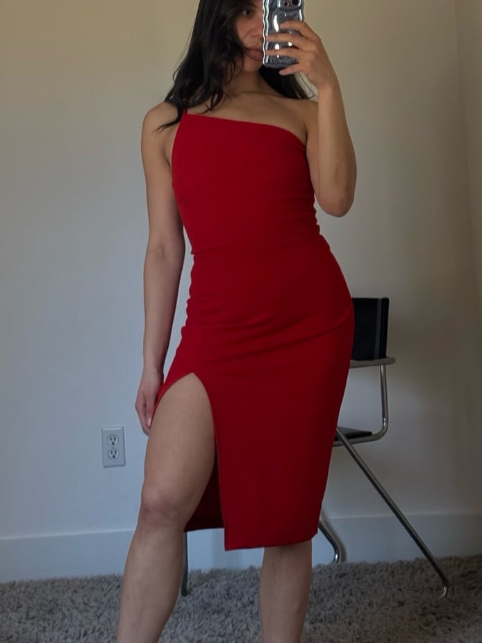 B. DARLIN - red midi dress, leg slit, asymmetrical neckline size 6/8