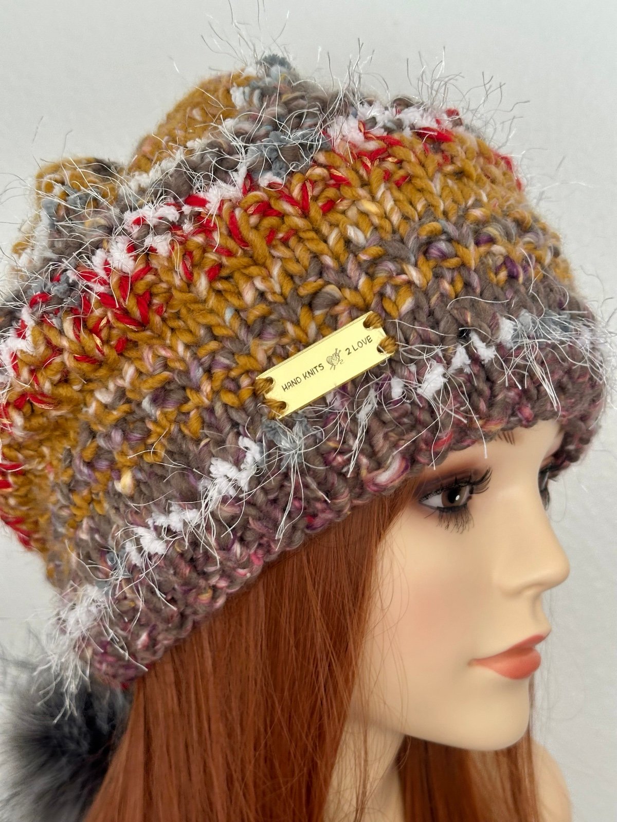 Hand Knits 2 Love Slouch Beanie Hat Cap Semi Chunky Faux Fur Pom Pom Designer