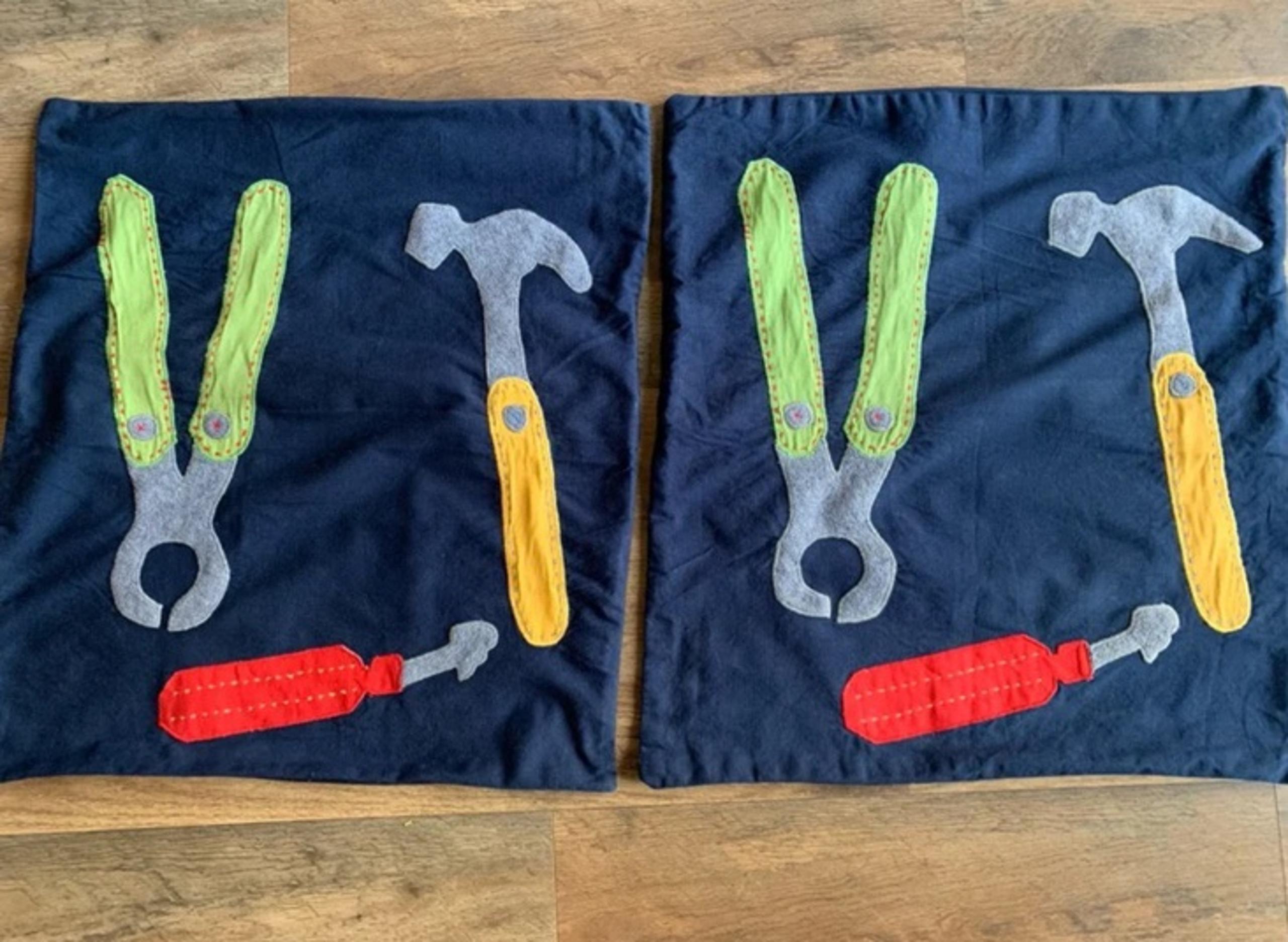 Pottery barn kids throw pillow covers embroidered tools set of 2 20” square