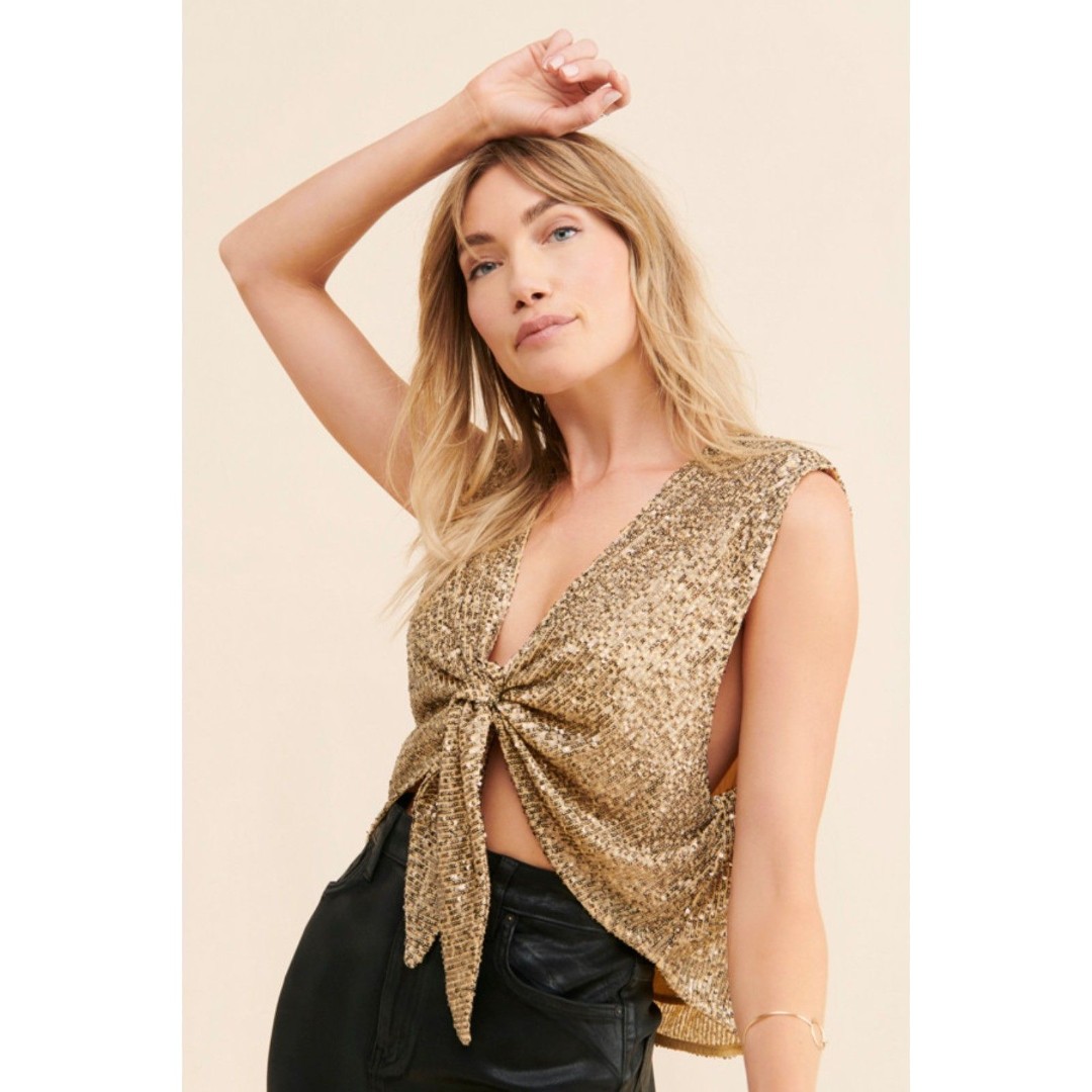 FREE PEOPLE Lost In Your Light Gold Sequin Festival Disco Sexy Boho Crop Top XS