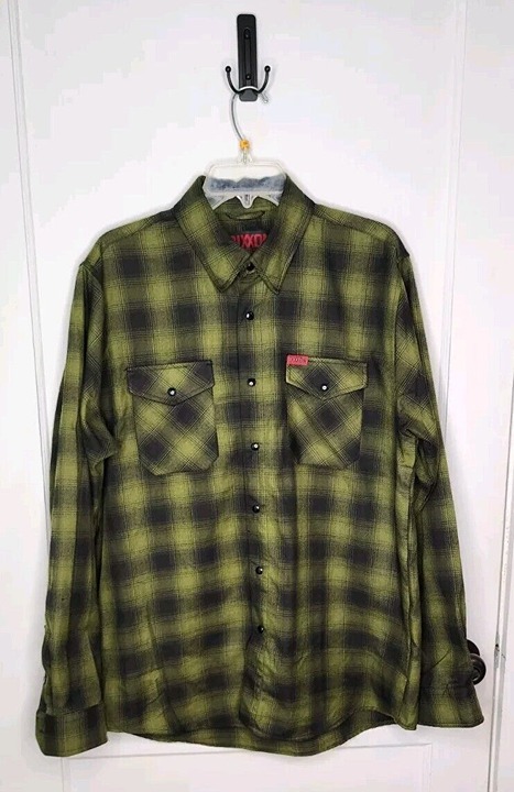 Dixxon Flannel Lone Wolf Shirt Mens Large Green Plaid Long Sleeve Snap Button Up