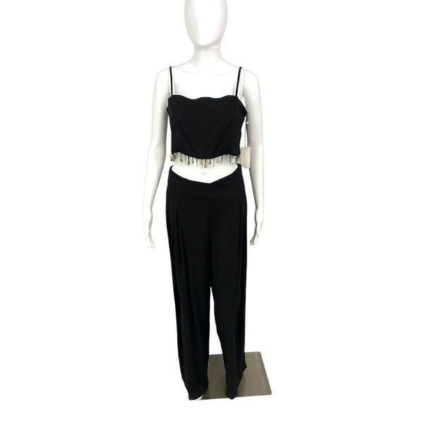 Jason Wu Black Linen Blend Mother Pearl Crop Top Pant Set Sz 2/4 NWT 425 MSRP