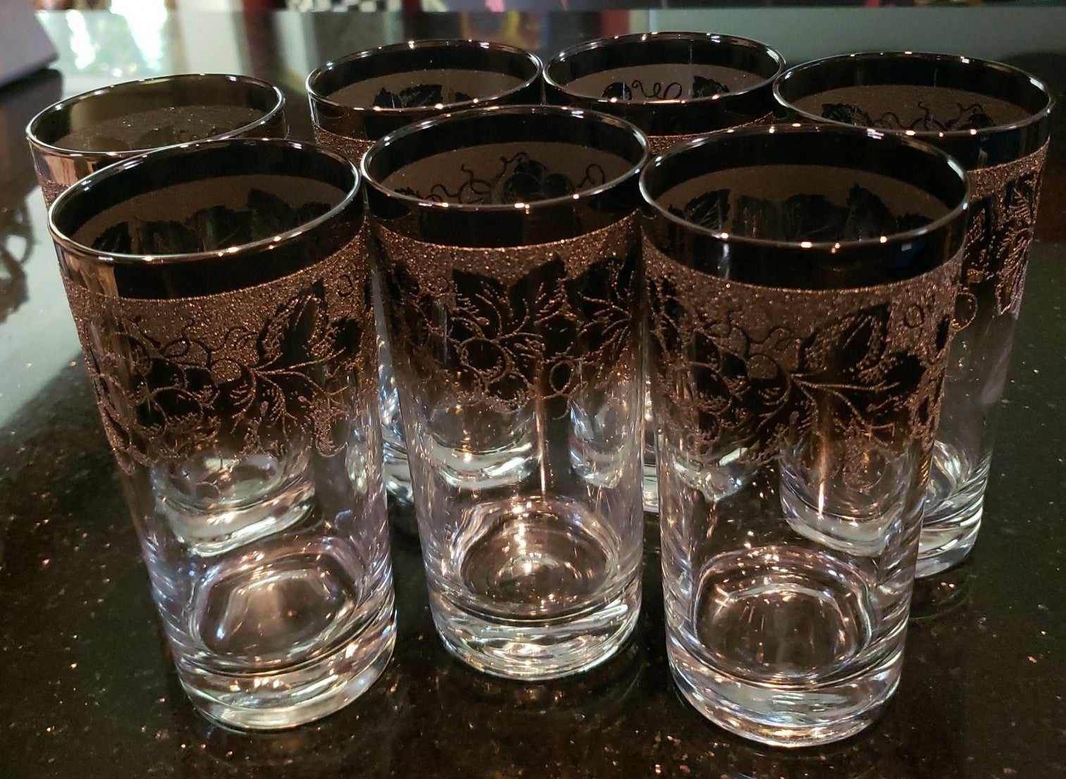 Seven (7) DOROTHY THORP Embossed Grape Design Faded Silver Highball Glasswear