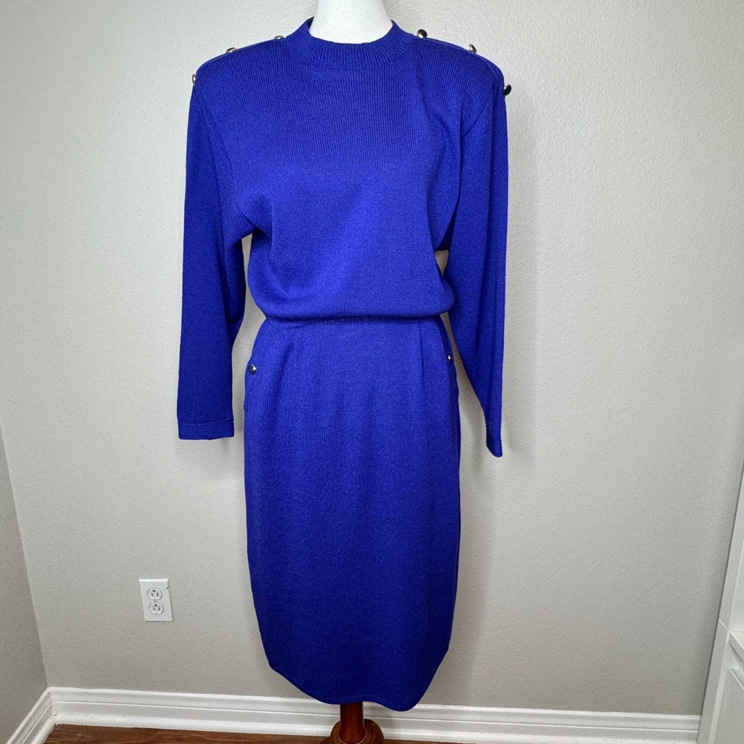 VTG ST JOHN for Neiman Marcus Santana Wool Knit Midi Dress 10 Blue Button Detail