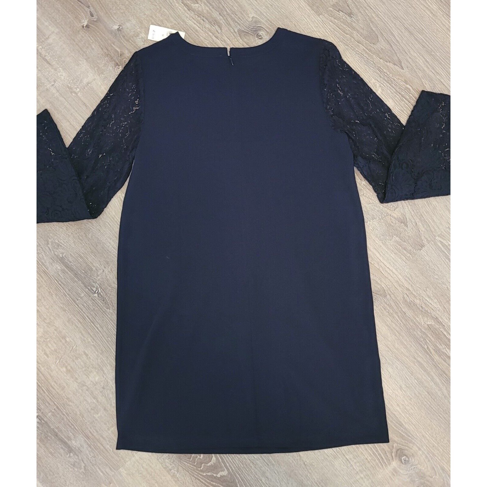 NWT LOFT Navy Blue Dress W/ Black Sheer Fluted Lace Sleeves Size 10 MOB MOG