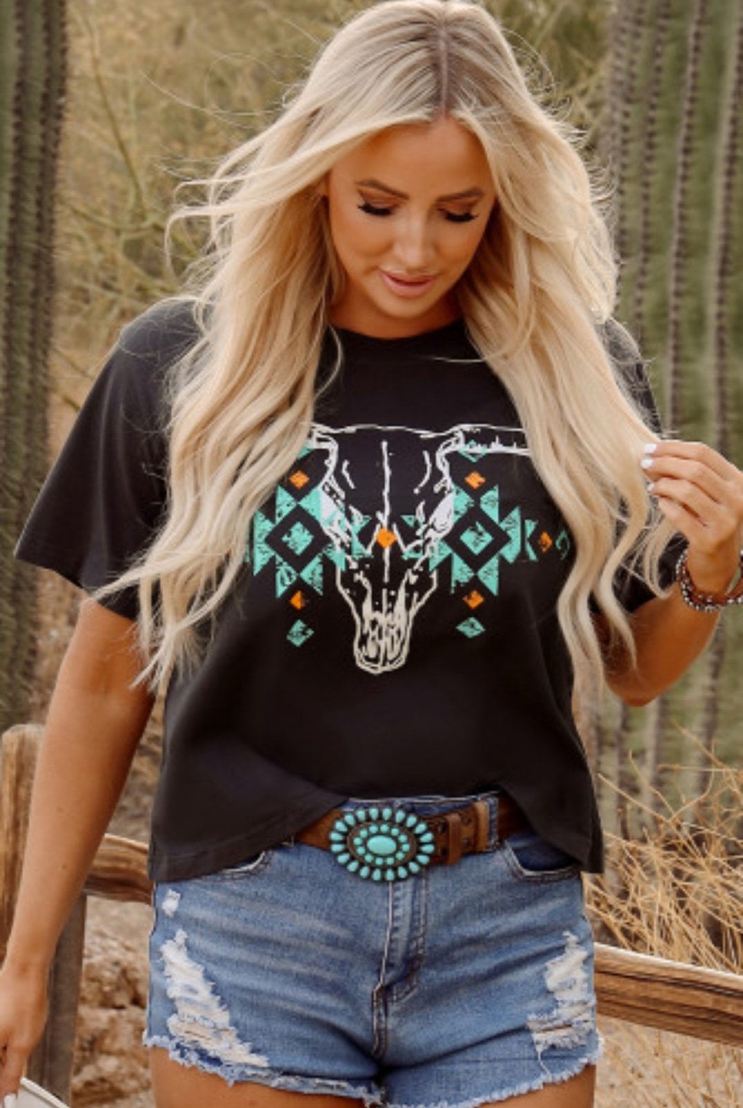 Carbon Grey Vintage Western Bull Head Skull Turquoise Aztec Graphic TShirt women
