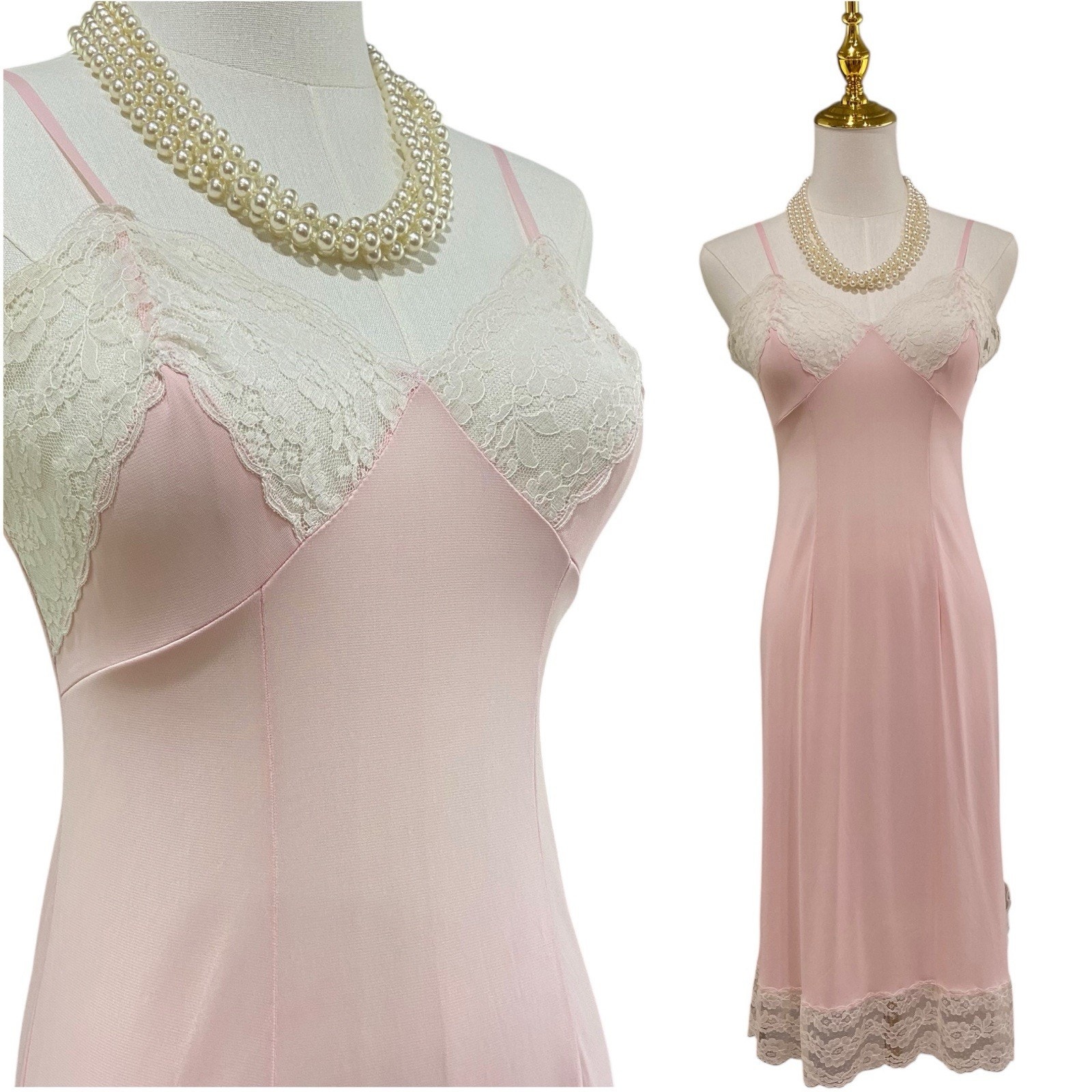 Vintage 60s Schiesser Pastel Pink Lacy Pinup Full Slip Dress Size 40 EU/US S