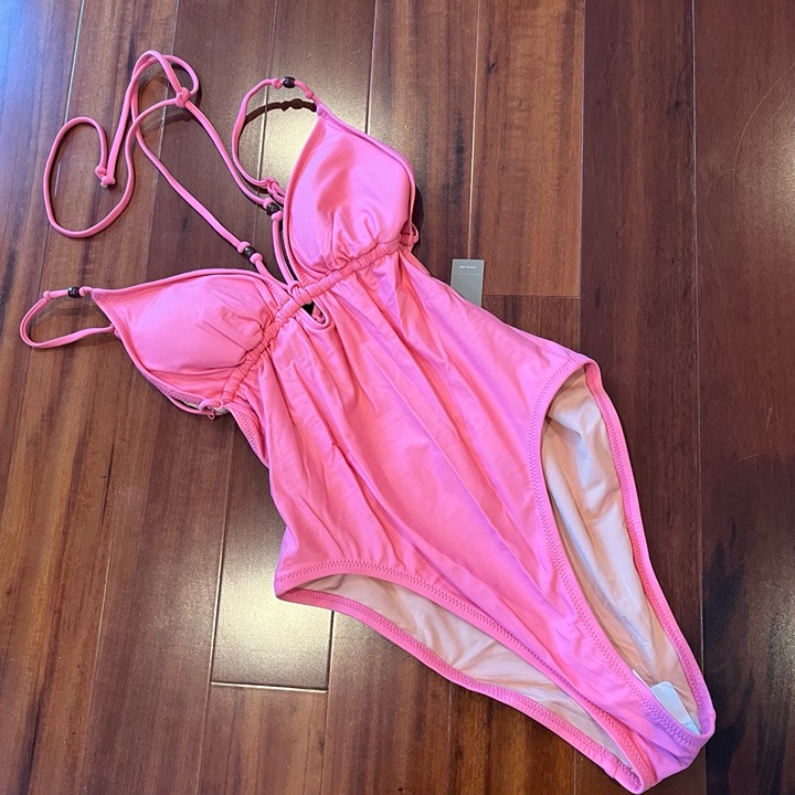 New NWT J.Crew Pink Swimsuit Plunge Neckline Tie Straps Hi Cut Swim Size 6