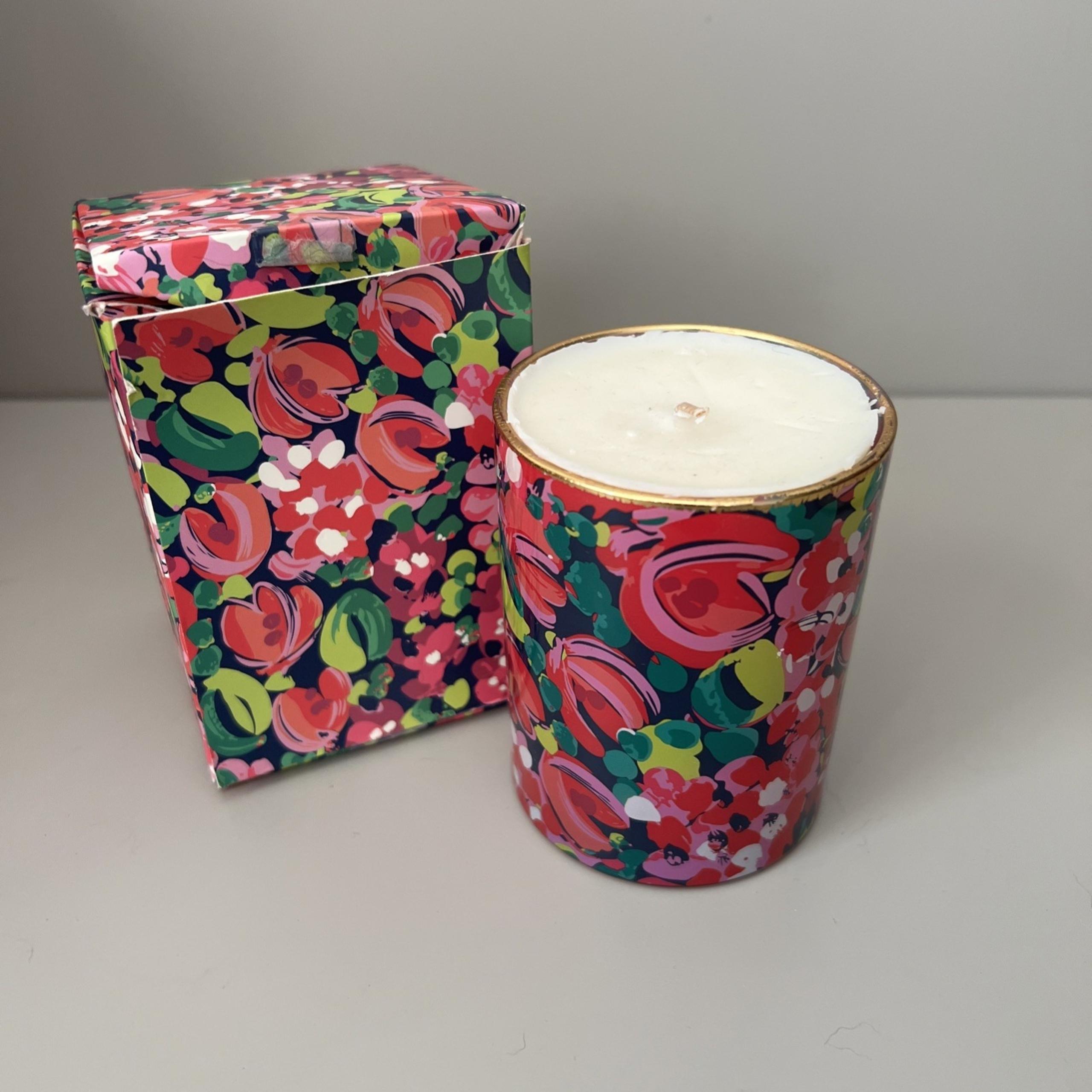 Lilly Pulitzer Candle Pink & Green Floral Print Gold Rim Scented Soy 8 oz. NEW