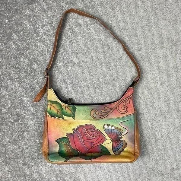ANUSCHKA Shoulder Bag Purse Leather Hand-Painted Butterfly Floral Print Brown