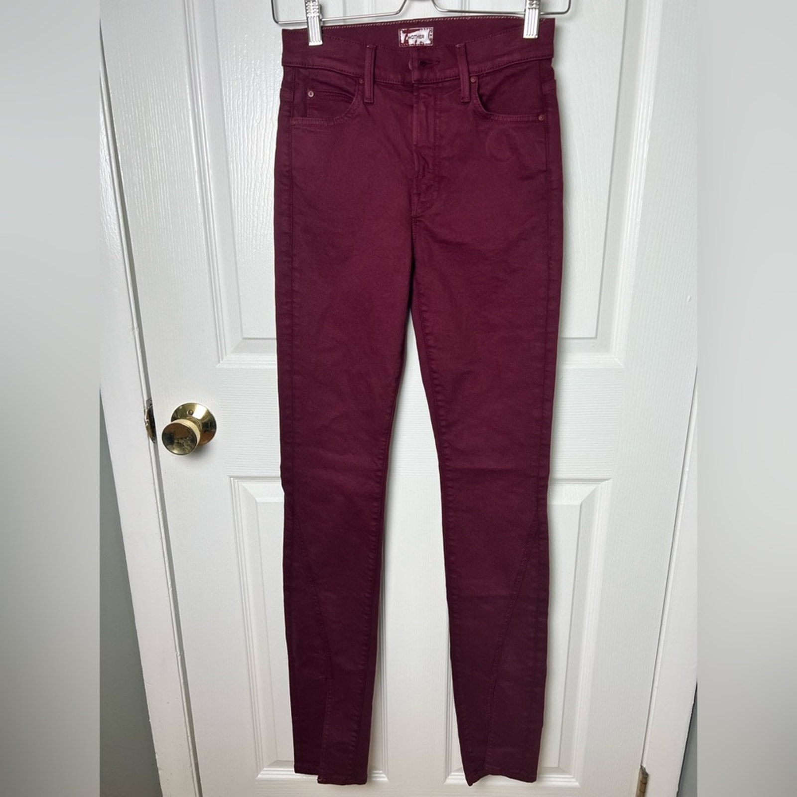 Mother Cotton The Rascal Sliced Up Heel High Waist Straight Jeans in Burgundy 25