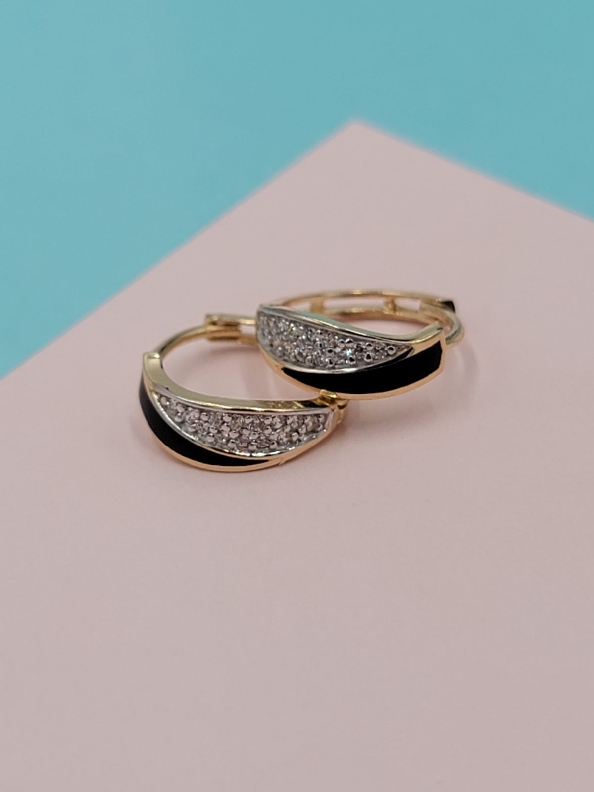 Solid 14k gold CZ + Onyx huggie earrings